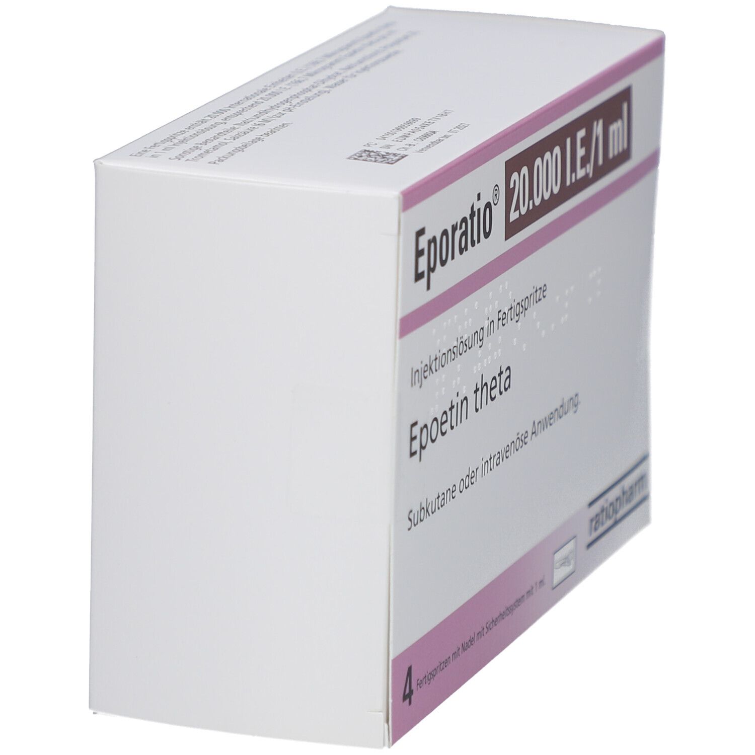 Schräg gestellte Verpackung von Eporatio 20.000 I.E./1 ml. Aufdruck: Epoetin theta, 4 Fertigspritzen. ratiopharm Logo.
