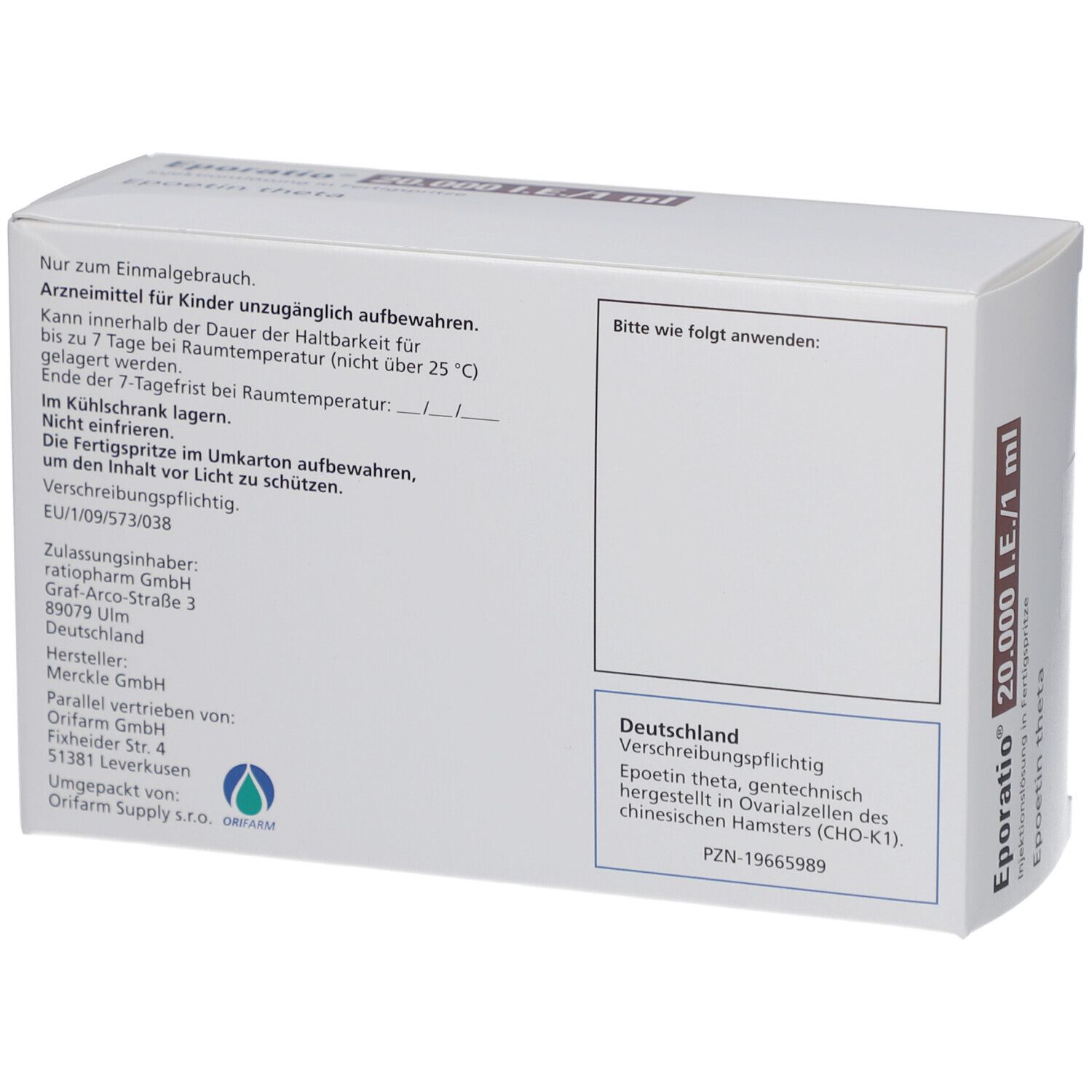 Rückseite der Eporatio 20.000 I.E./1 ml Verpackung. Text: Nur zur einmaligen Anwendung. Hersteller- und Zulassungsangaben.