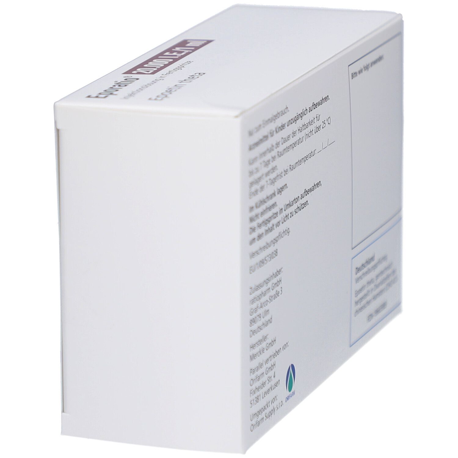 Schräg gestellte Verpackung von Eporatio 20.000 I.E./1 ml. Text auf der Seite. ratiopharm Logo.