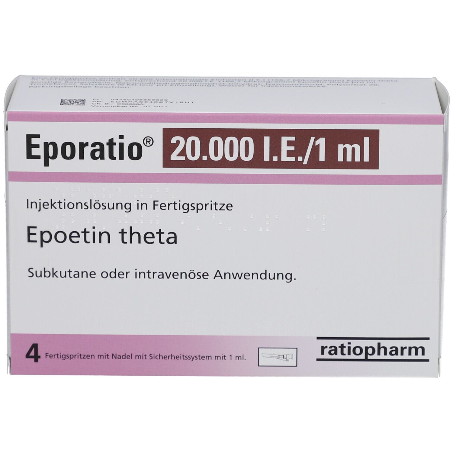 Karton von Eporatio 20.000 I.E./1 ml. Enthält 4 Fertigspritzen. Text: Epoetin theta, subkutane oder intravenöse Anwendung. ratiopharm Logo.