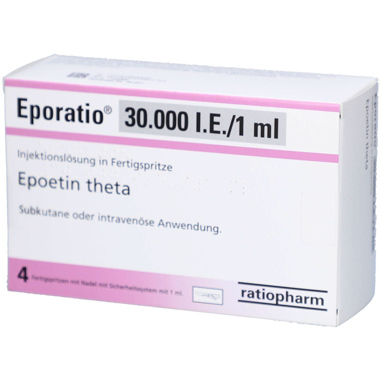 Weißer Karton mit rosa Akzenten. Beschriftung: Eporatio 30.000 I.E./1 ml, Injektionslösung, Epoetin theta. 4 Fertigspritzen.