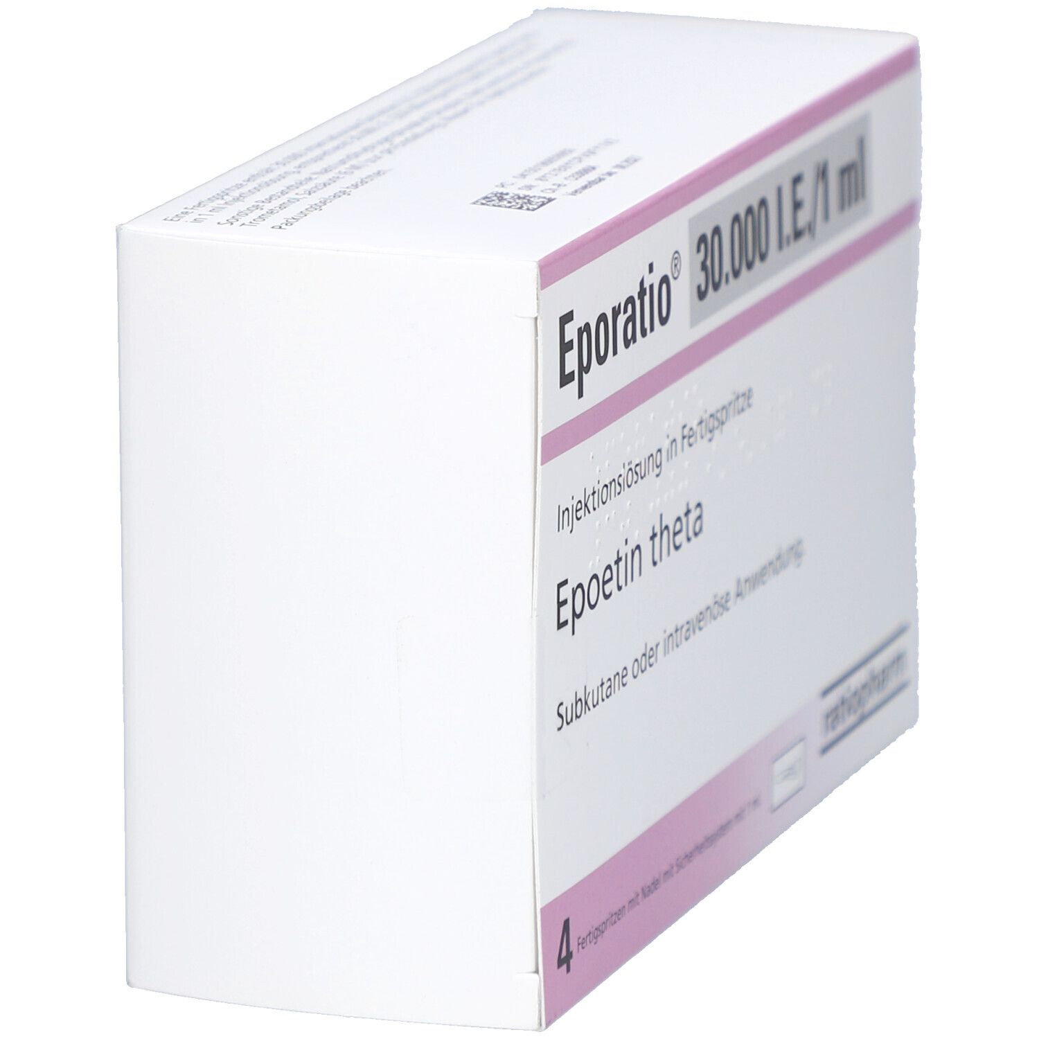 Schräg gestellte weiße Verpackung. Beschriftung: Eporatio 30.000 I.E./1 ml, Injektionslösung, Epoetin theta. Hersteller: ratiopharm.