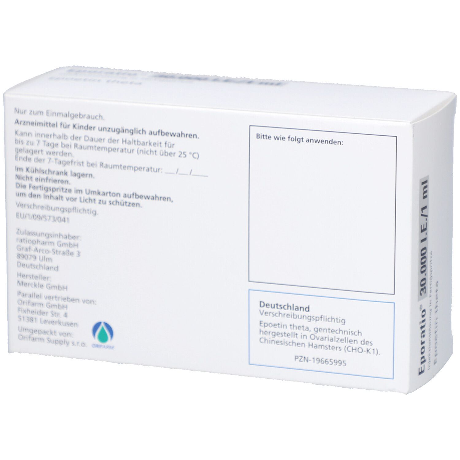 Rückseite der weißen Verpackung. Textabschnitte und Informationen zur Anwendung. Herstellerinformationen und Chargennummer.