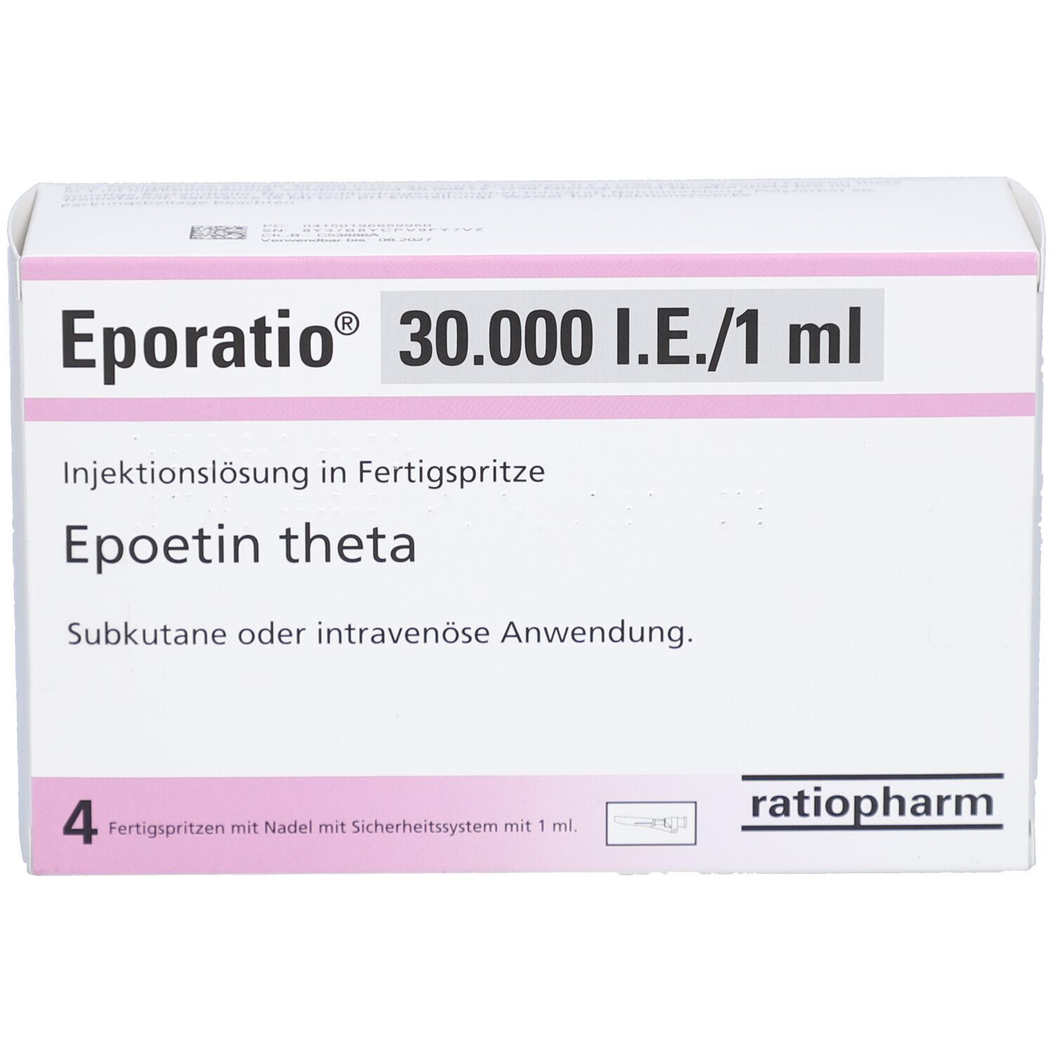Weißer Karton mit rosa Akzenten. Beschriftung: Eporatio 30.000 I.E./1 ml, Injektionslösung, Epoetin theta. 4 Fertigspritzen.
