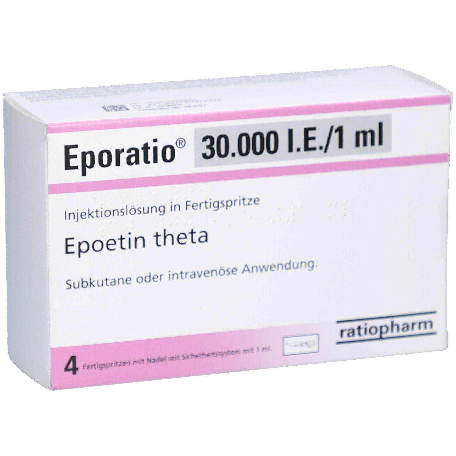 Weißer Karton mit rosa Akzenten. Beschriftung: Eporatio 30.000 I.E./1 ml, Injektionslösung, Epoetin theta. 4 Fertigspritzen.