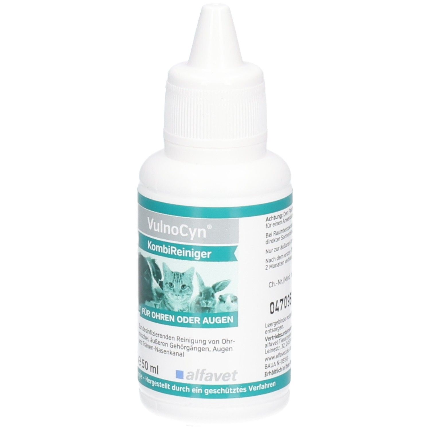 VULNOCYN KombiReiniger Flasche mit Tropfverschluss, 50ml. Zeigt Hunde- und Katzenbilder.
