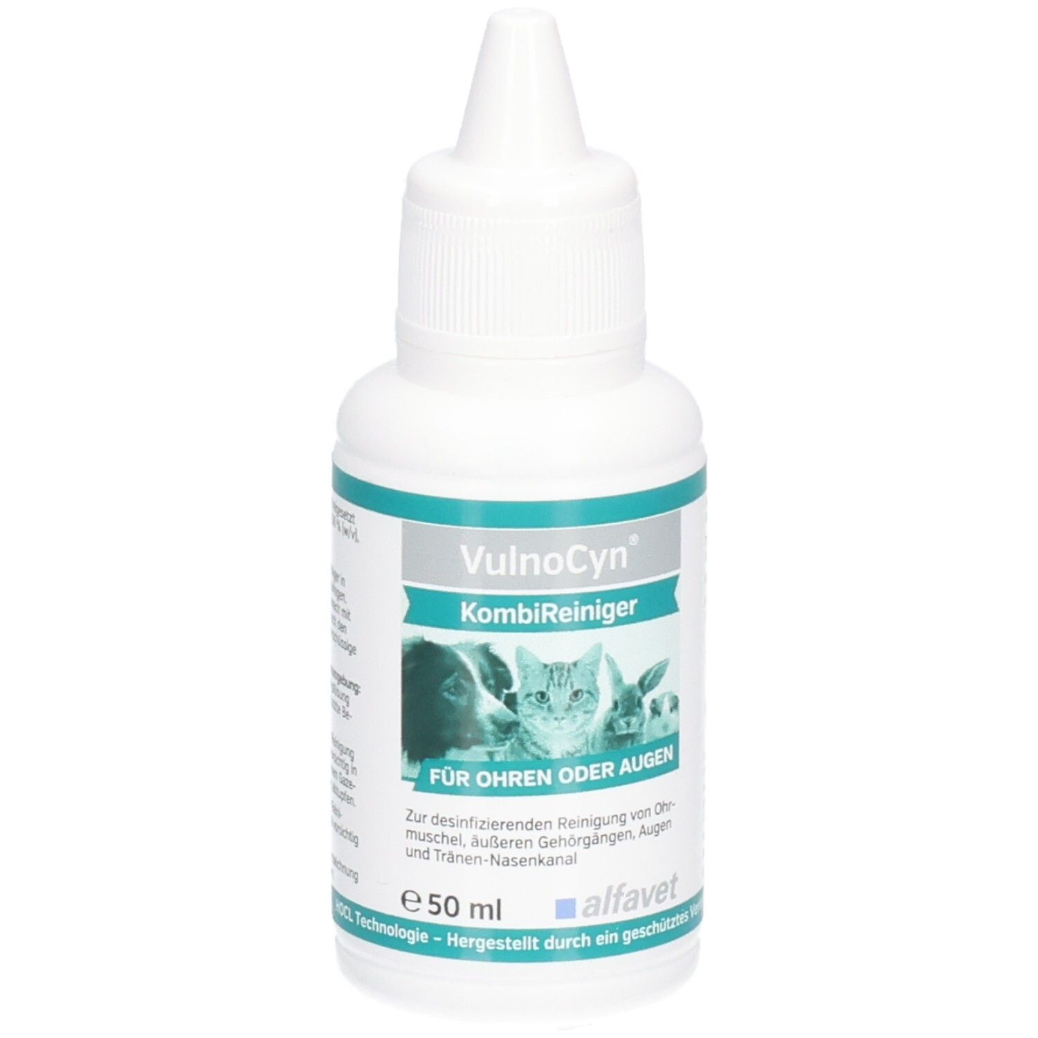 VULNOCYN KombiReiniger Flasche mit Tropfverschluss, 50ml. Zeigt Hunde- und Katzenbilder.