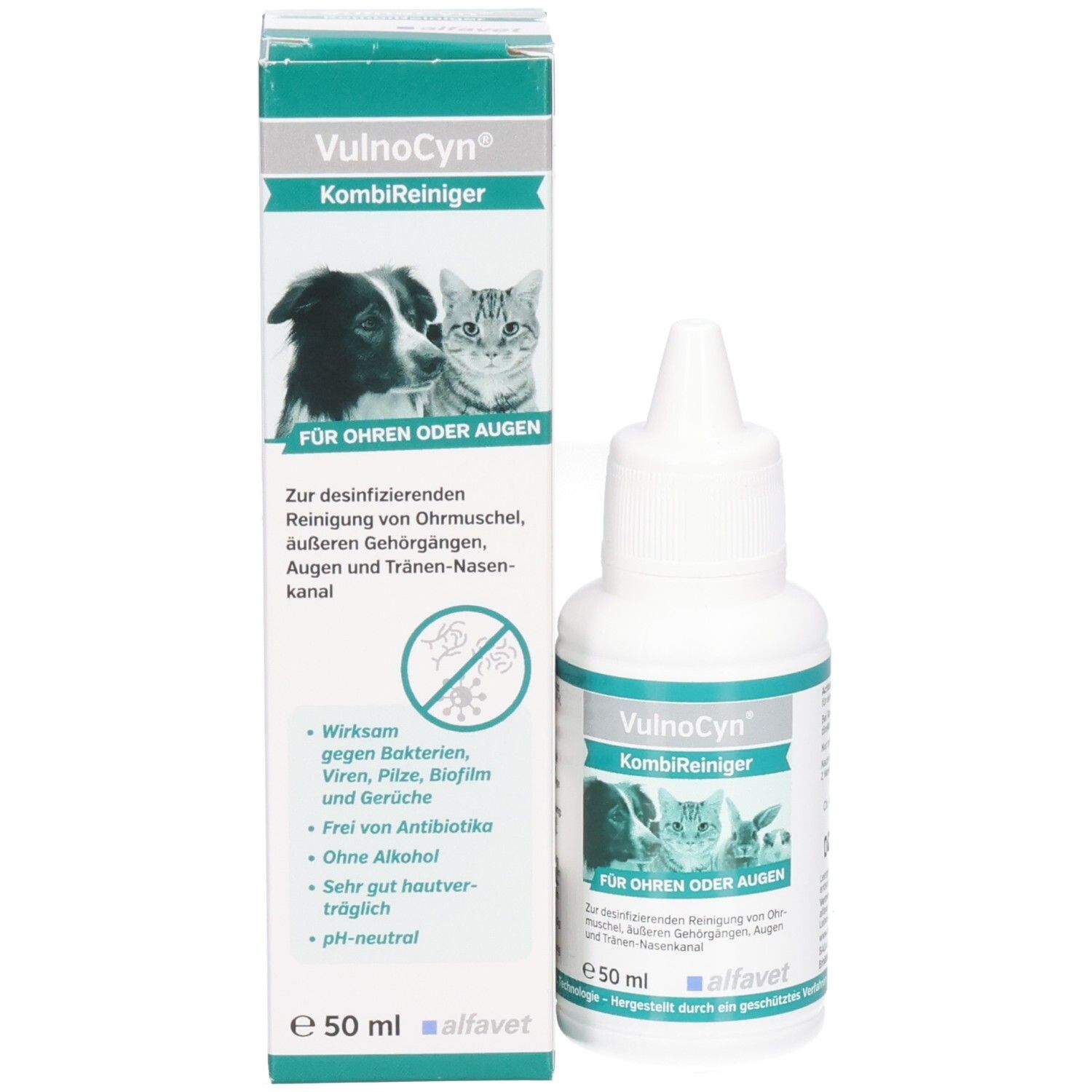 VULNOCYN KombiReiniger Flasche und Faltschachtel, 50ml. Mit Bildern von Hund, Katze und Kleintieren.