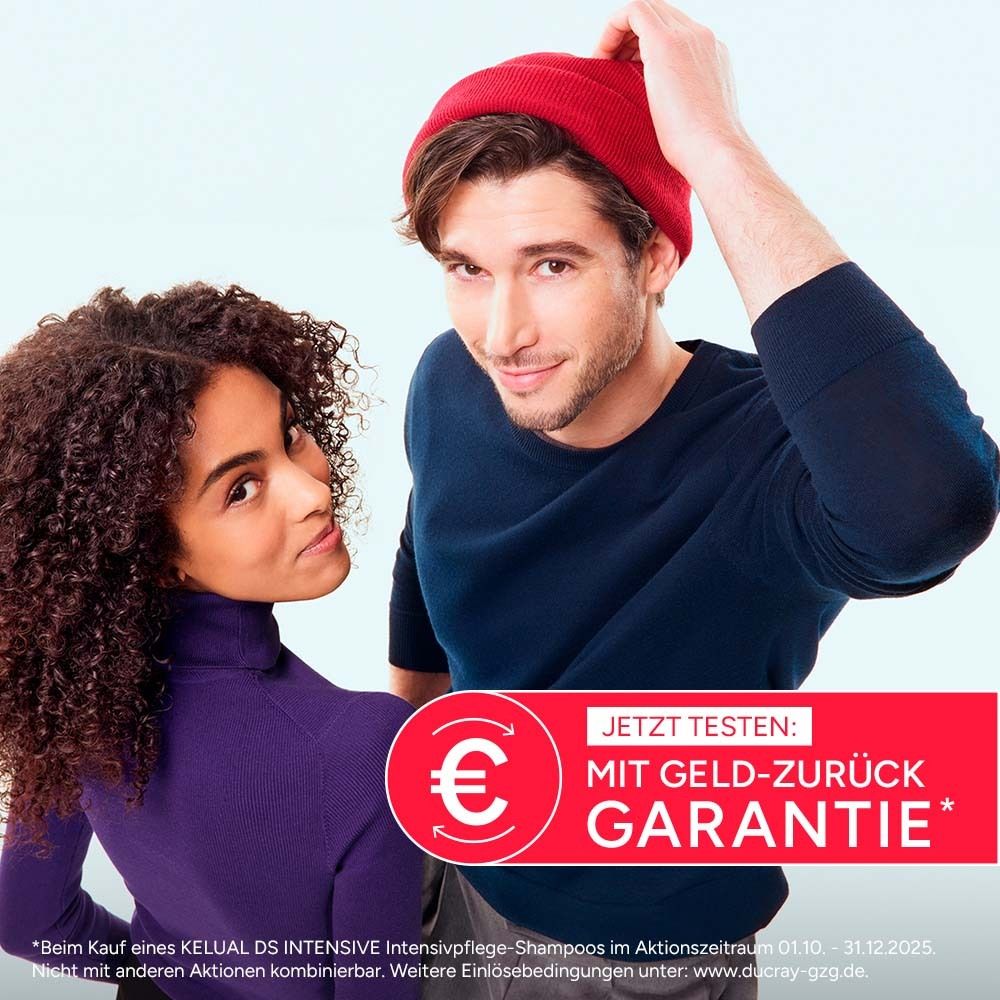 Werbung mit zwei Personen. Roter Schriftzug: MIT GELD-ZURÜCK GARANTIE. Text über Shampoo.