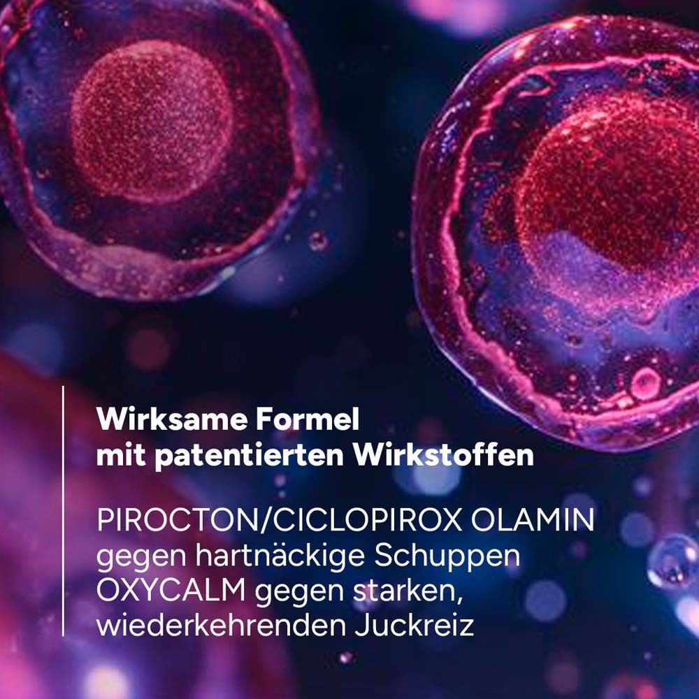 Nahaufnahme von Zellen. Text: Wirkstoffe: Pirocton/Ciclopirox Olamine, Oxycalm.