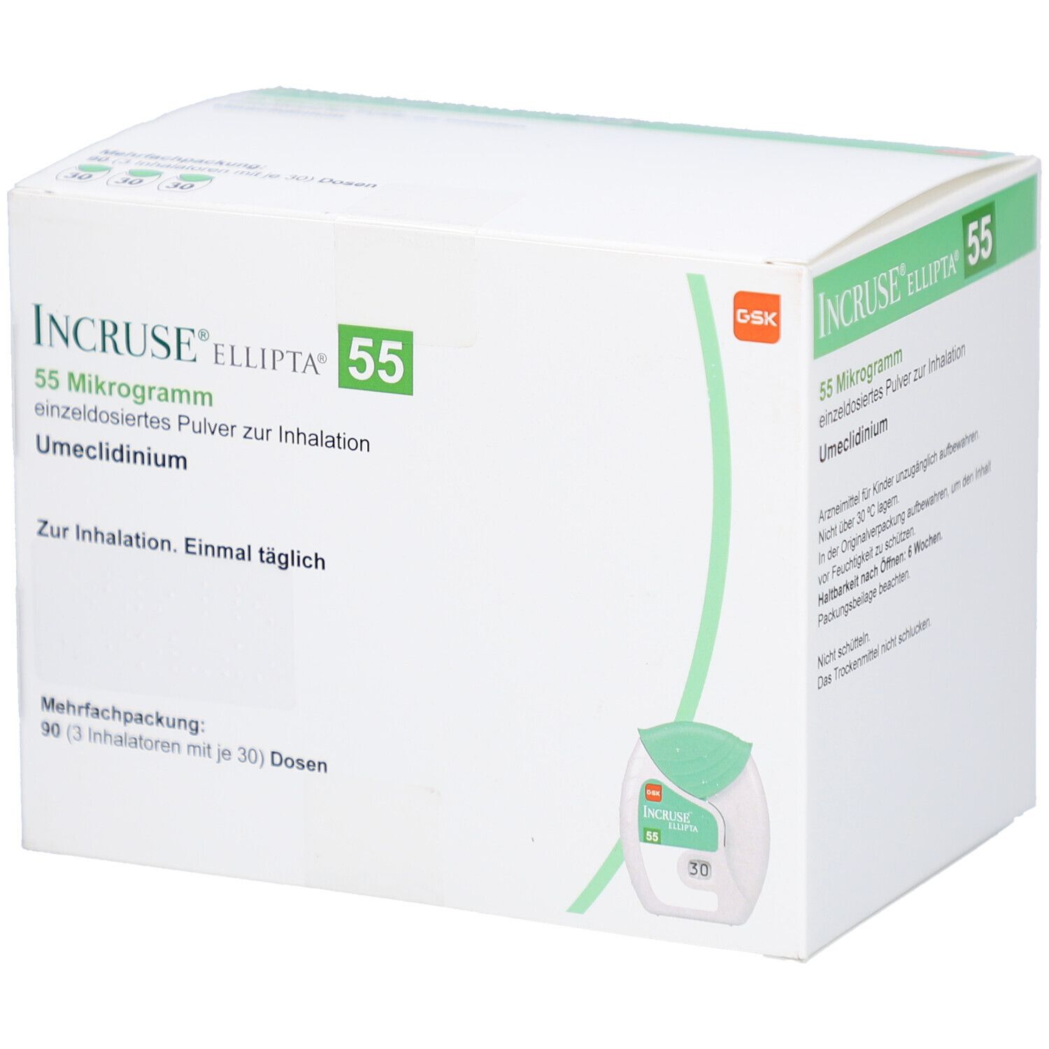 Weiße Verpackung von INCRUSE Ellipta 55. Aufschrift: 55 Mikrogramm, einzeldos. Pulver z. Inhalation. Umeclidinium. Mehrfachpackung mit 90 Dosen.