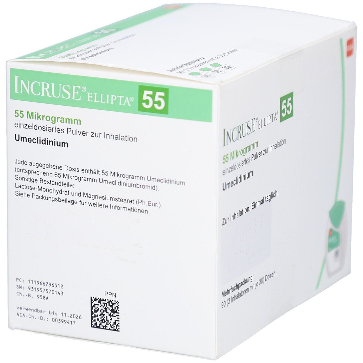 Weiße Verpackung von INCRUSE Ellipta 55. Rückseite mit Text: 55 Mikrogramm, Umeclidinium. Enthält 65 Mikrogramm Umeclidiniumbromid. QR-Code und weitere Informationen.