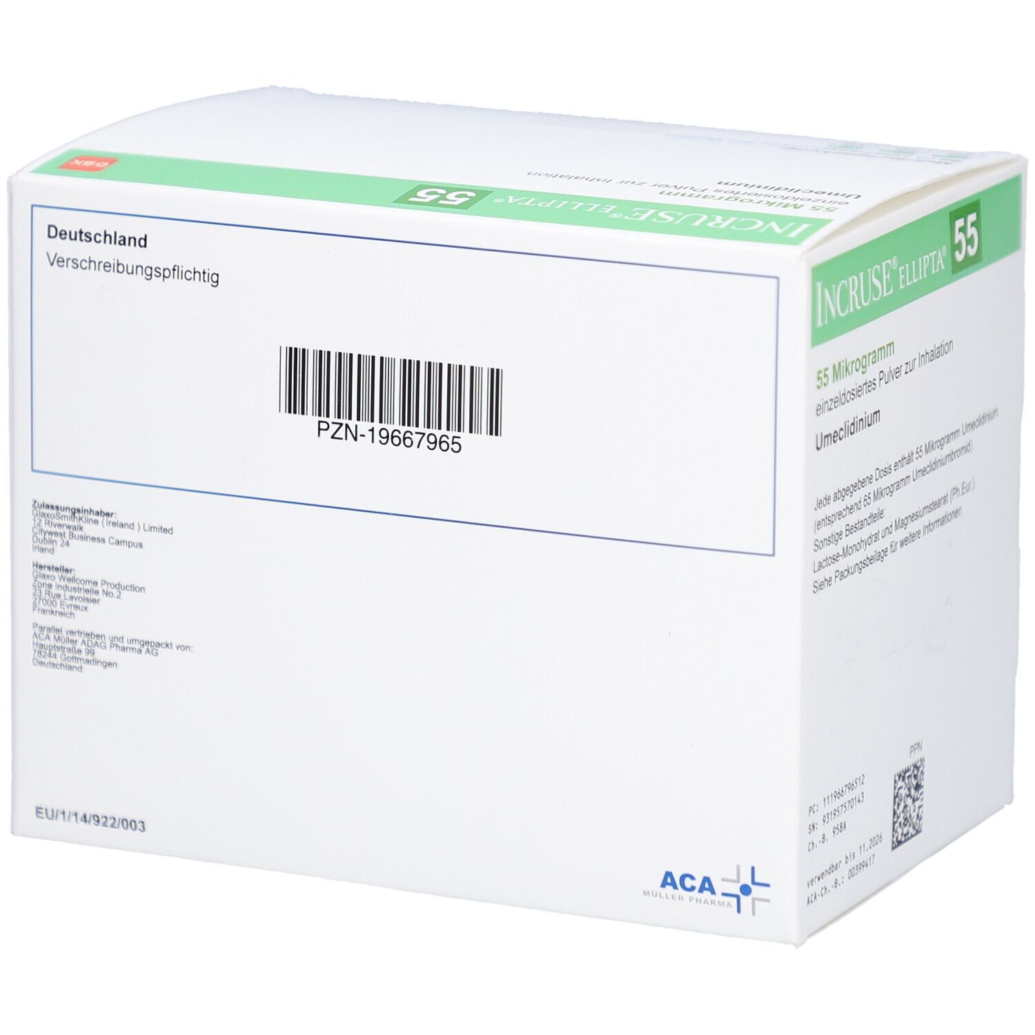 Weiße Verpackung von INCRUSE Ellipta 55. Aufschrift: Deutschland, verschreibungspflichtig. PZN-19667965. Barcode. ACA-Logo.