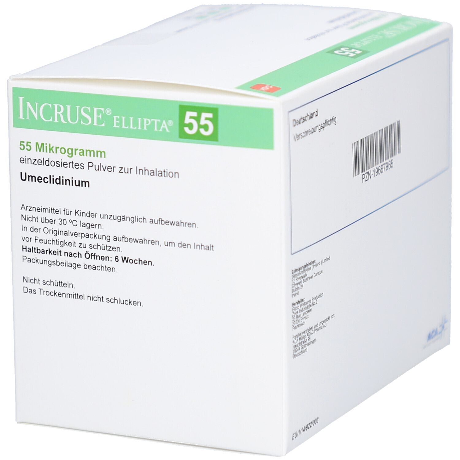 Weiße Verpackung von INCRUSE Ellipta 55. Aufschrift: 55 Mikrogramm, Umeclidinium. Hinweise: Nicht über 30°C lagern. Haltbarkeit nach Öffnen: 6 Wochen.