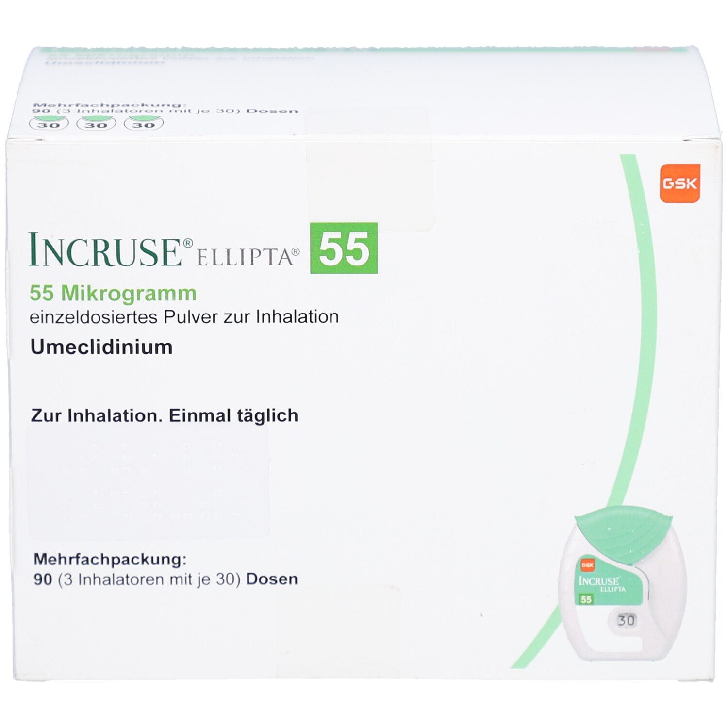 Weiße Verpackung von INCRUSE Ellipta 55. Aufschrift: 55 Mikrogramm, einzeldos. Pulver z. Inhalation. Umeclidinium. Mehrfachpackung mit 90 Dosen.