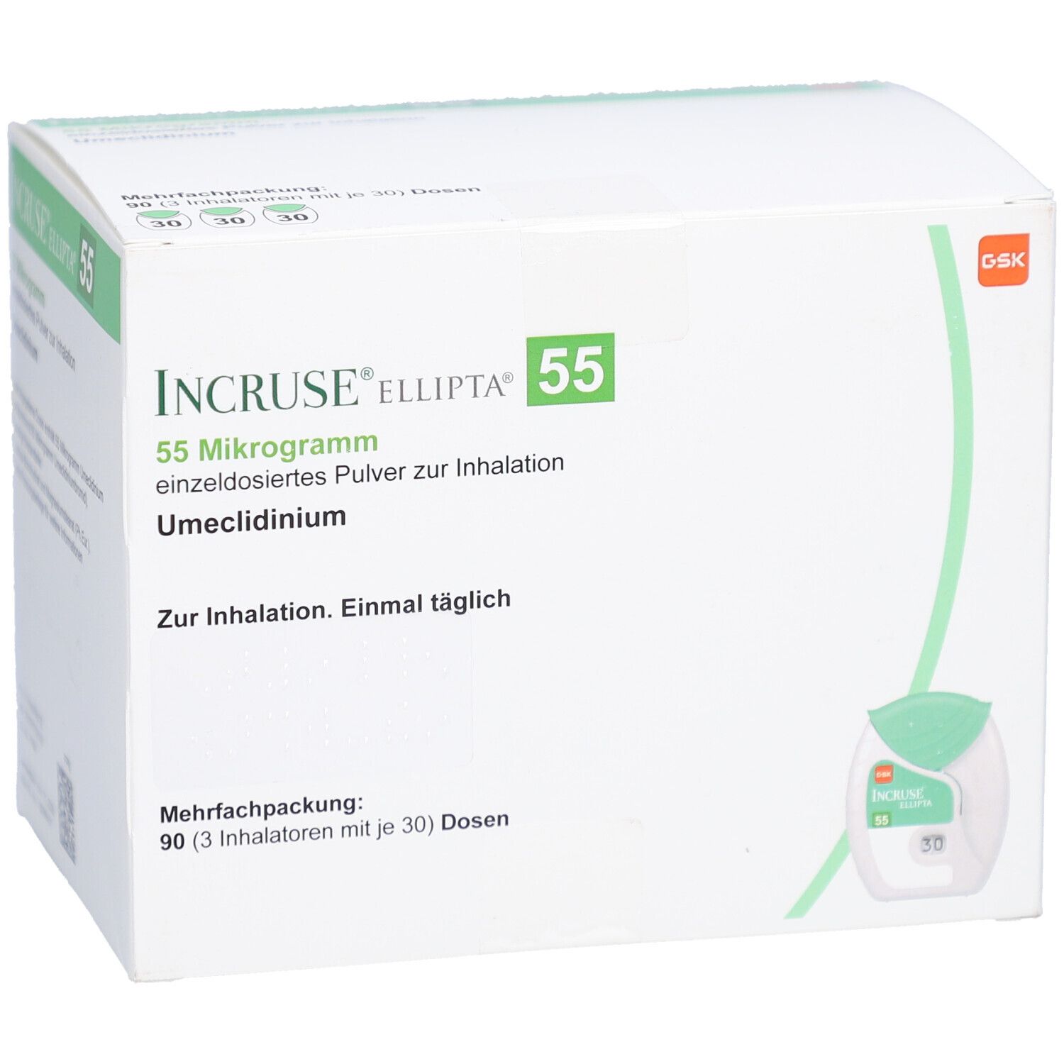 Weiße Verpackung von INCRUSE Ellipta 55. Aufschrift: 55 Mikrogramm, einzeldos. Pulver z. Inhalation. Umeclidinium. Mehrfachpackung mit 90 Dosen.