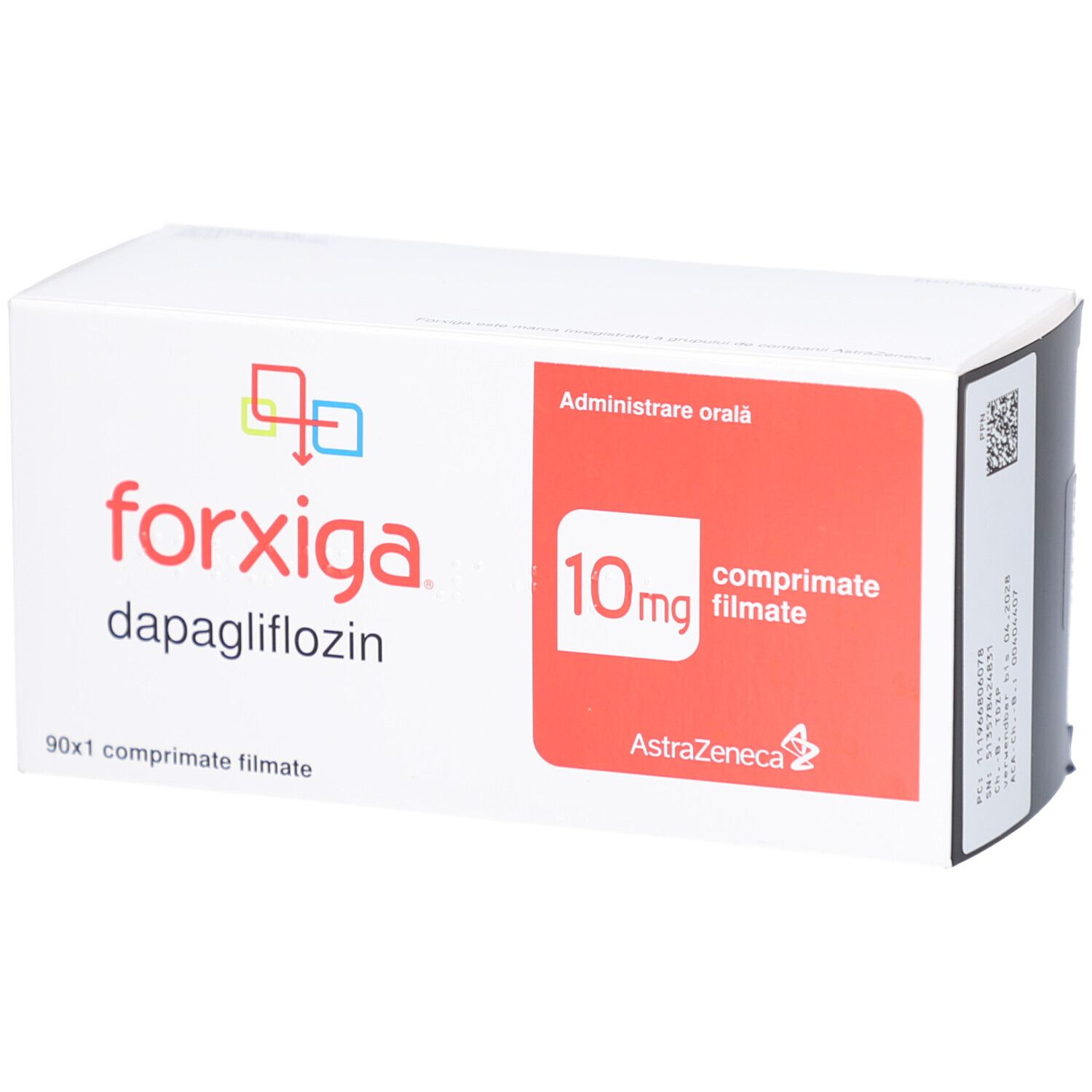 FORXIGA 10 mg Filmtabletten-Packung. Weißer Karton mit rotem Feld und Produktinformationen. 90 Tabletten.