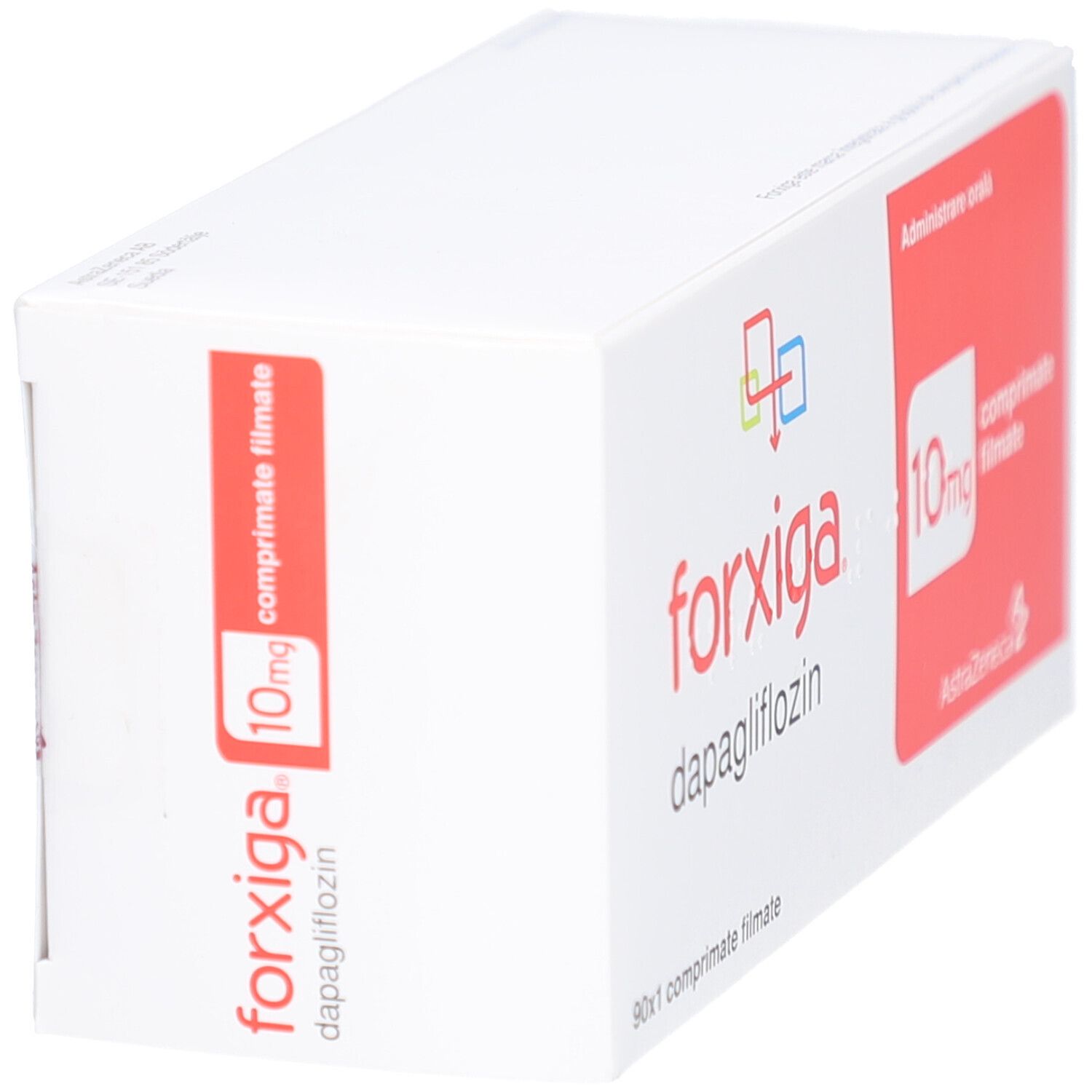 FORXIGA 10 mg Filmtabletten-Packung. Weißer Karton mit rotem Feld und Produktinformationen. Ansicht schräg.