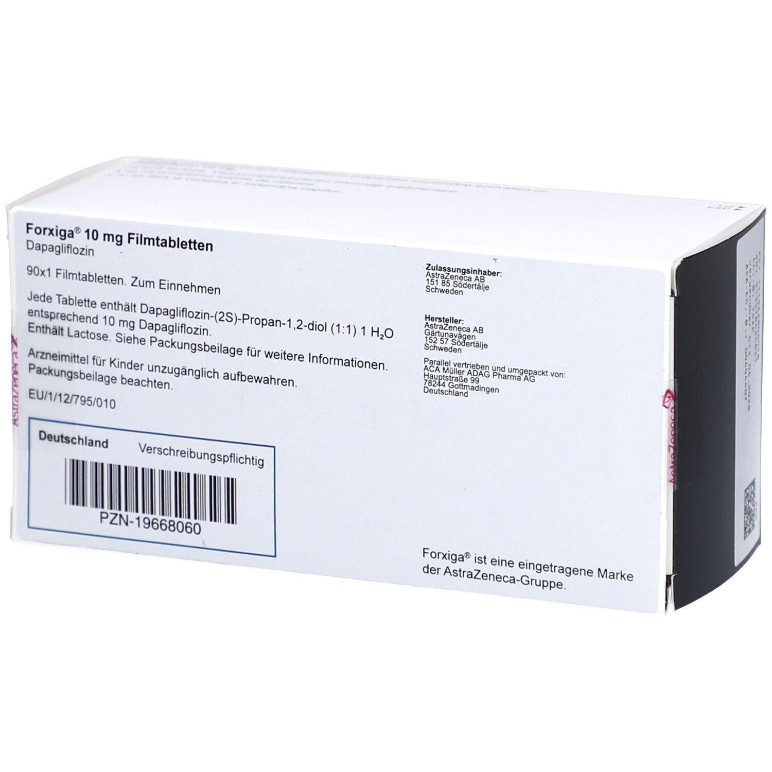 Rückseite der FORXIGA 10 mg Filmtabletten-Packung. Weißer Karton mit Text und Barcode. Herstellerinformationen.