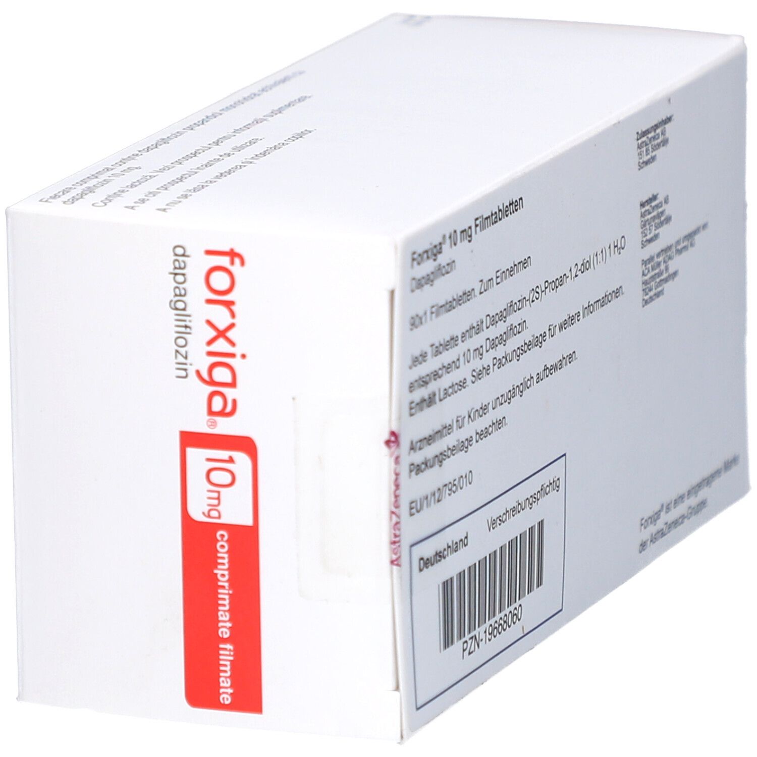 Rückseite der FORXIGA 10 mg Filmtabletten-Packung. Weißer Karton mit Text und Barcode. Schräge Ansicht.