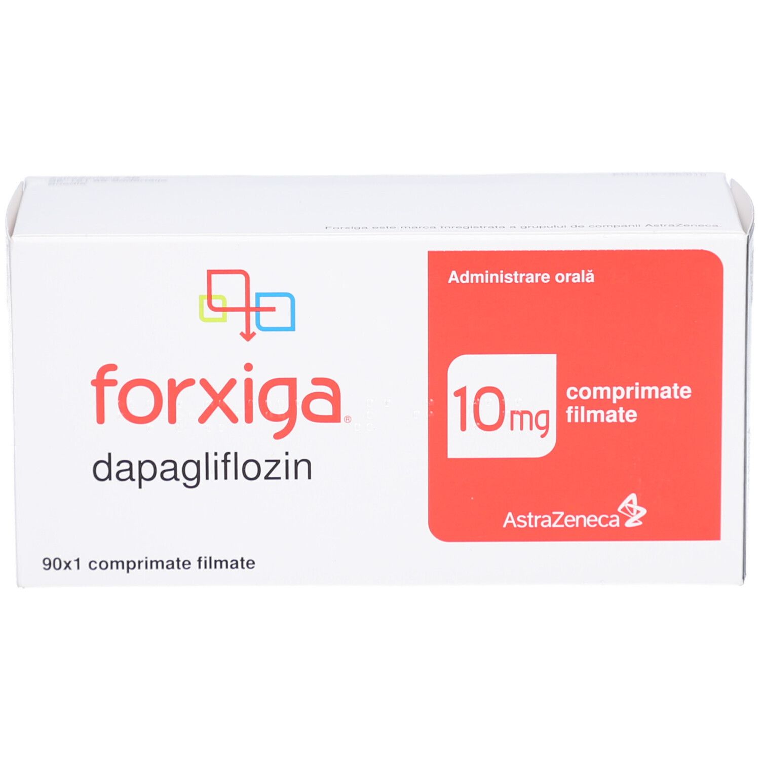 FORXIGA 10 mg Filmtabletten-Packung. Weißer Karton mit rotem Feld und Produktinformationen. 90 Tabletten.