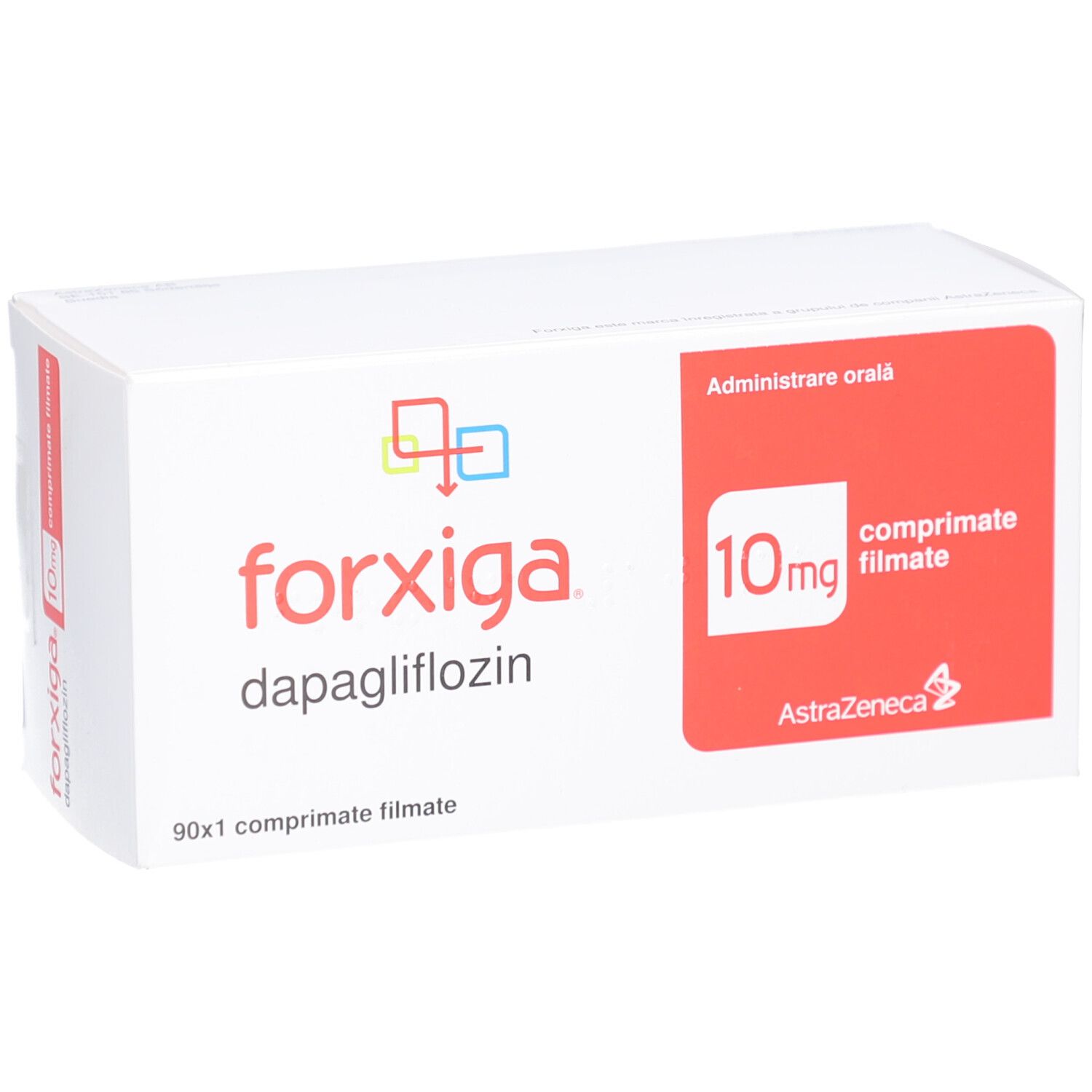 FORXIGA 10 mg Filmtabletten-Packung. Weißer Karton mit rotem Feld und Produktinformationen. 90 Tabletten.