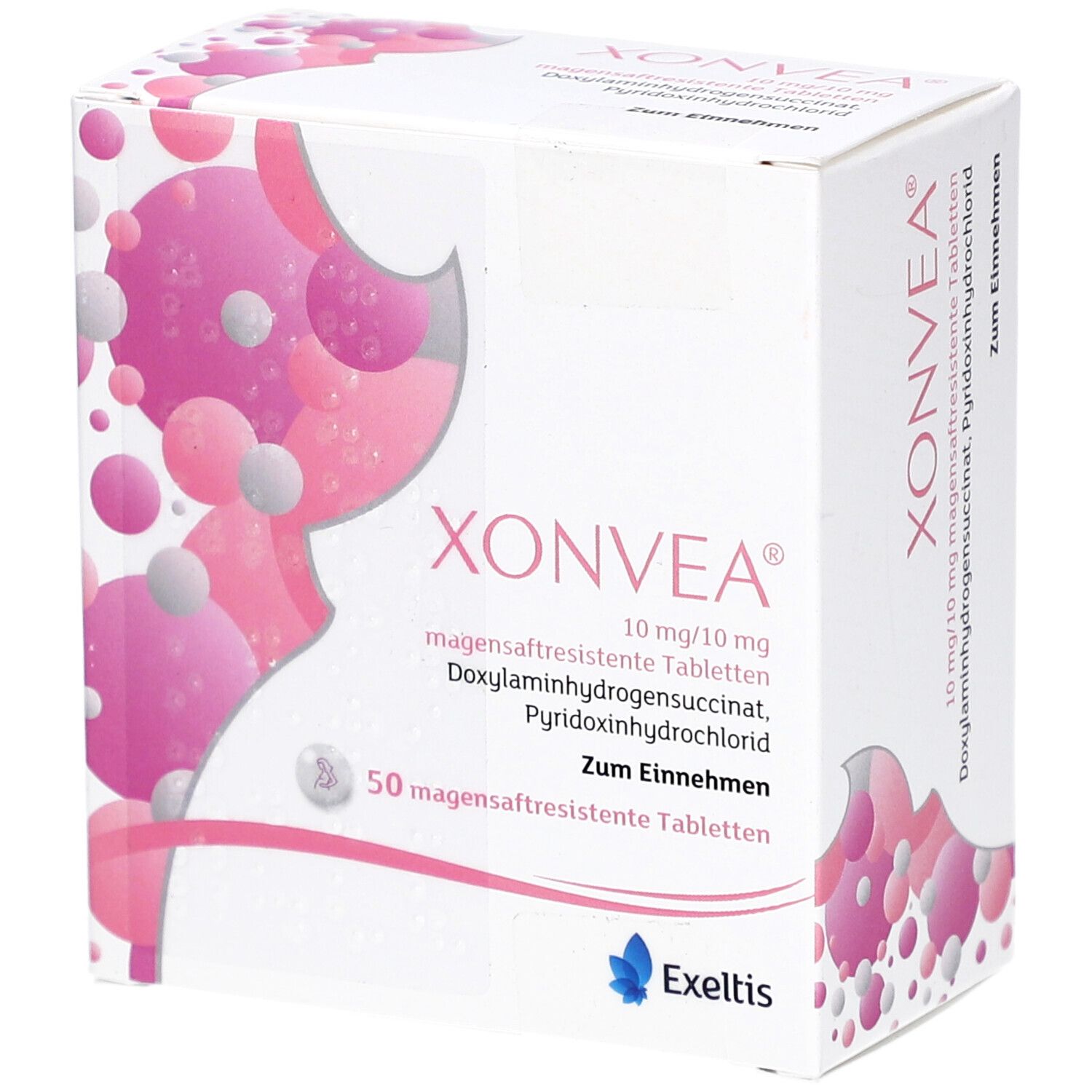 XONVEA 10 mg/10 mg Tabletten-Packung. Weiße Schachtel mit rosa Design. Enthält 50 magensaftresistente Tabletten. Exeltis Logo.