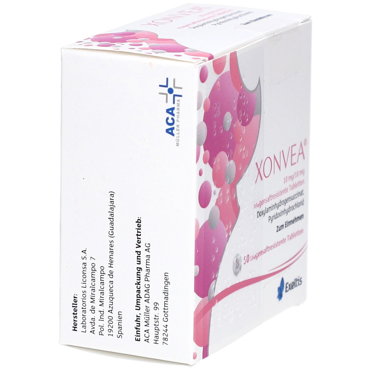 XONVEA-Verpackung, Seitenansicht. Weiße Schachtel mit rosa Design. ACA Müller ADAG Pharma AG Logo. Hersteller- und Vertriebsinformationen.