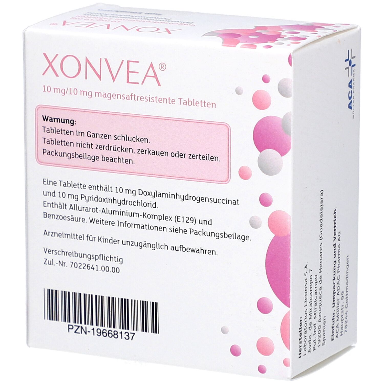 Rückseite der XONVEA-Verpackung. Weiße Schachtel mit rosa Design. Warnhinweise und Inhaltsstoffangaben. PZN-Nummer und Herstellerinformationen.