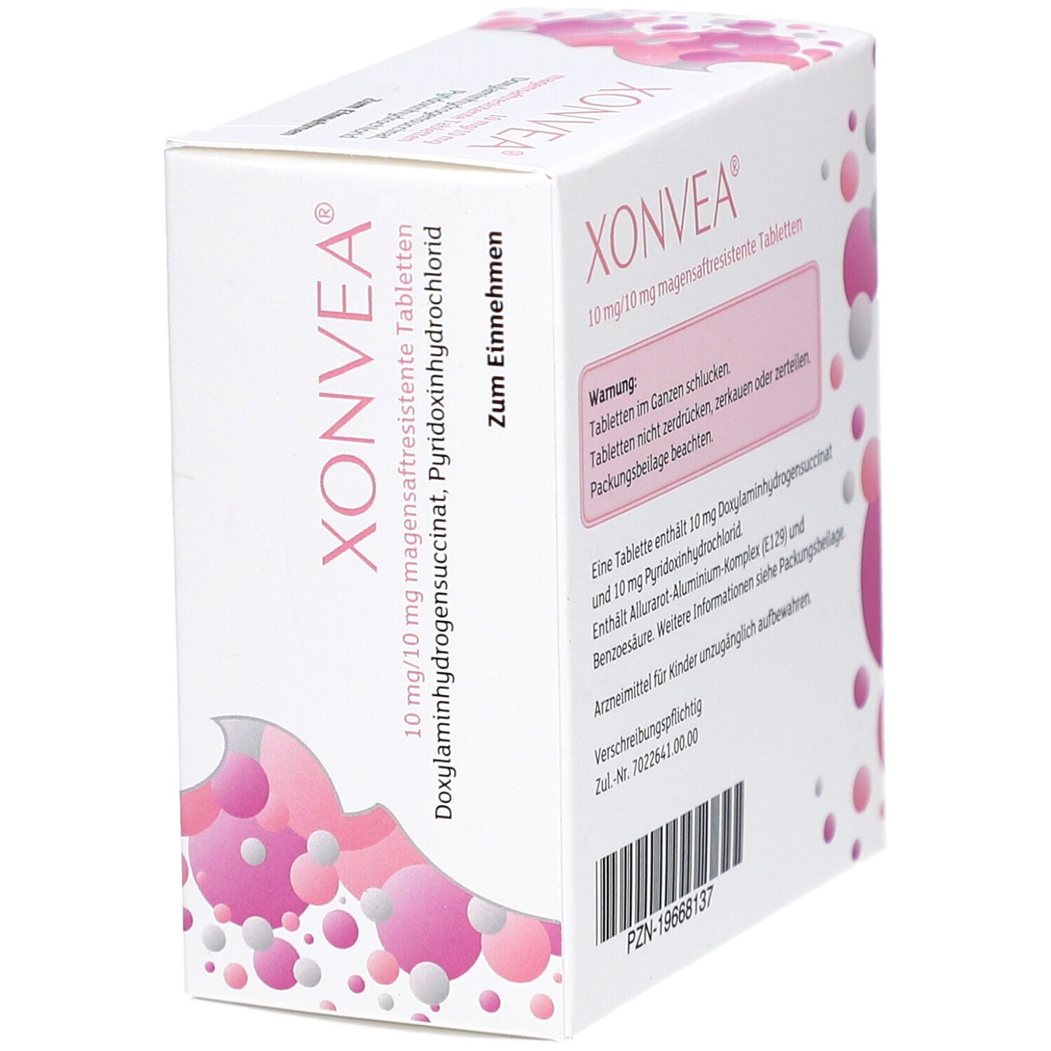 XONVEA-Verpackung, schräge Ansicht. Weiße Schachtel mit rosa Design. Warnhinweise und Inhaltsstoffangaben. PZN-Nummer und Herstellerinformationen.