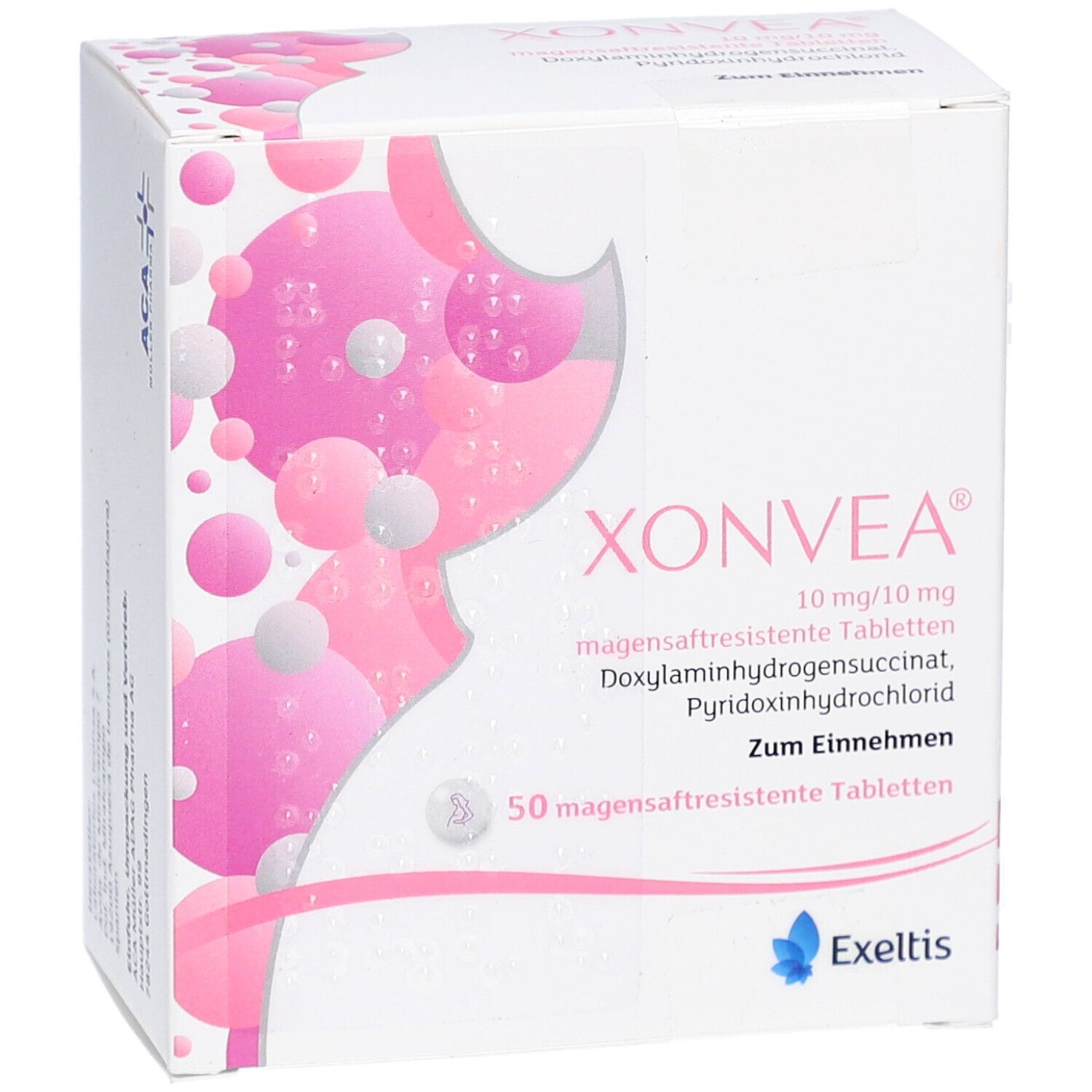 XONVEA 10 mg/10 mg Tabletten-Packung. Weiße Schachtel mit rosa Design. Enthält 50 magensaftresistente Tabletten. Exeltis Logo.