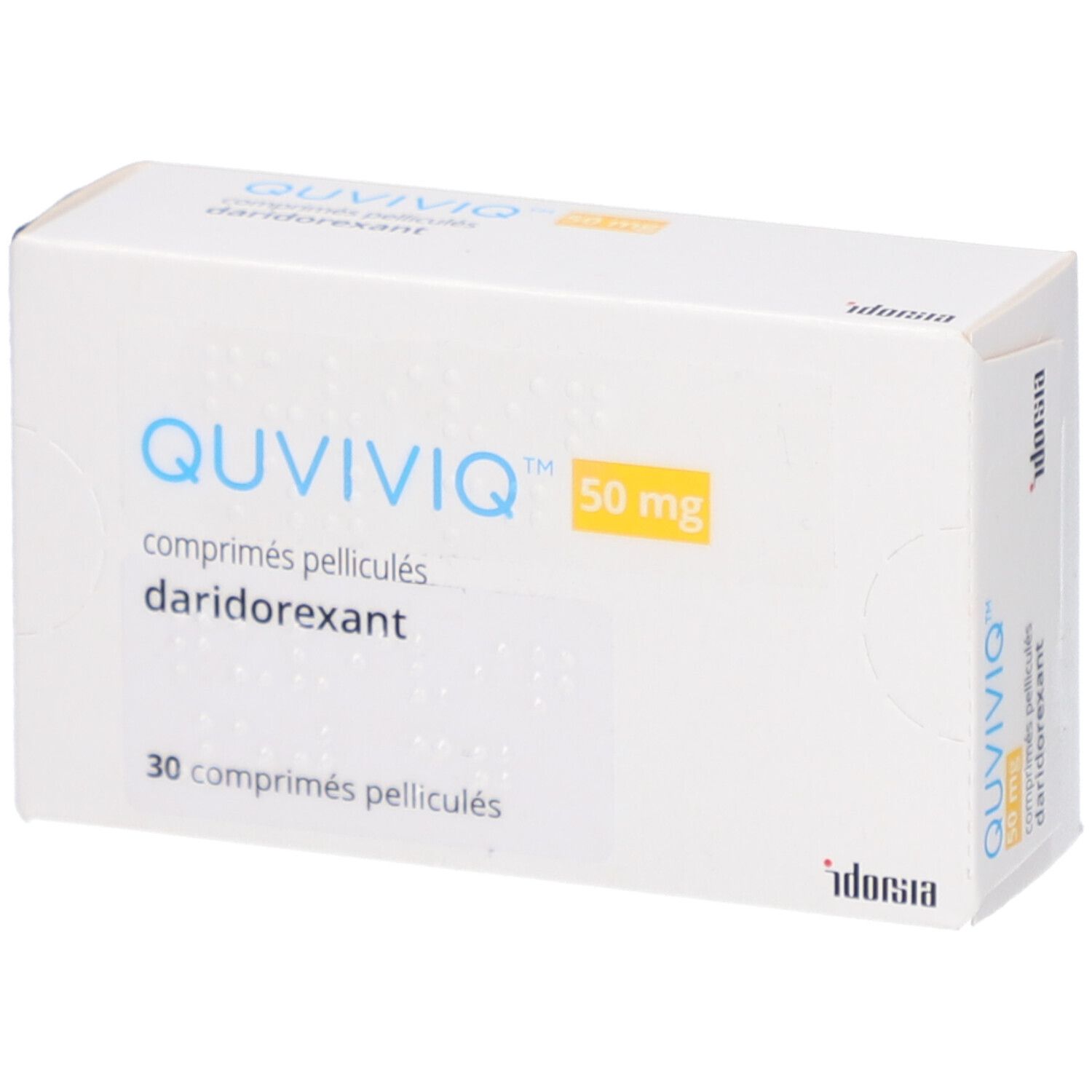Schachtel mit QUVIVIQ 50 mg Filmtabletten. Aufschrift: 30 comprimés pelliculés, daridorexant.