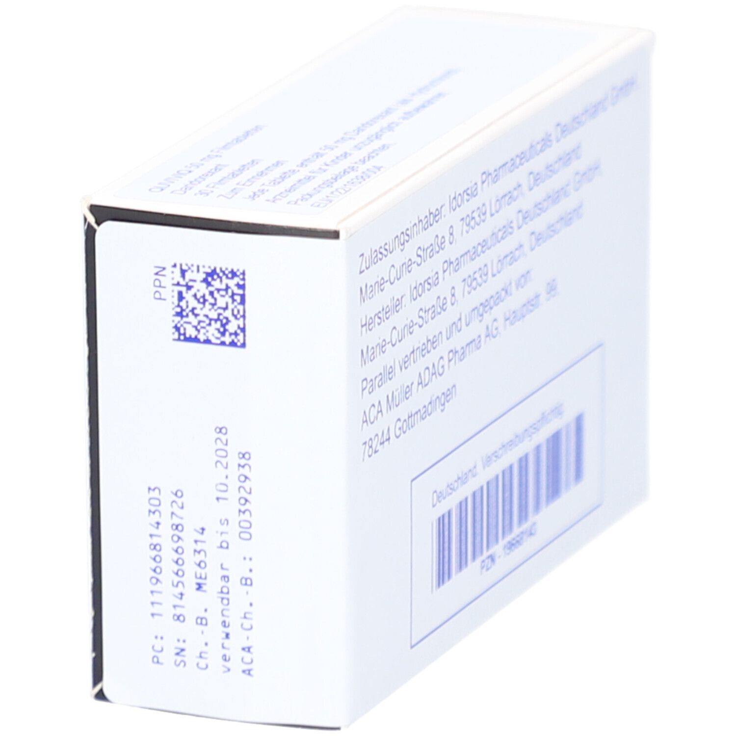 Seitenansicht der Schachtel mit QUVIVIQ. Herstellerinformationen, Barcode und weitere Angaben.