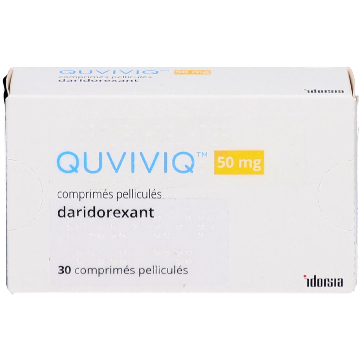 Schachtel mit QUVIVIQ 50 mg Filmtabletten. Aufschrift: 30 comprimés pelliculés, daridorexant.