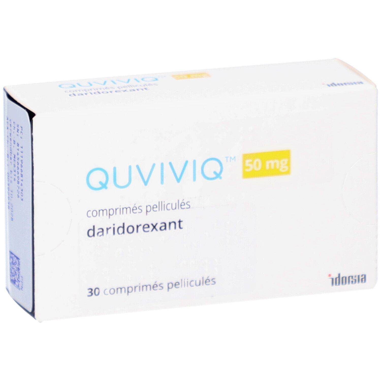 Schachtel mit QUVIVIQ 50 mg Filmtabletten. Aufschrift: 30 comprimés pelliculés, daridorexant.