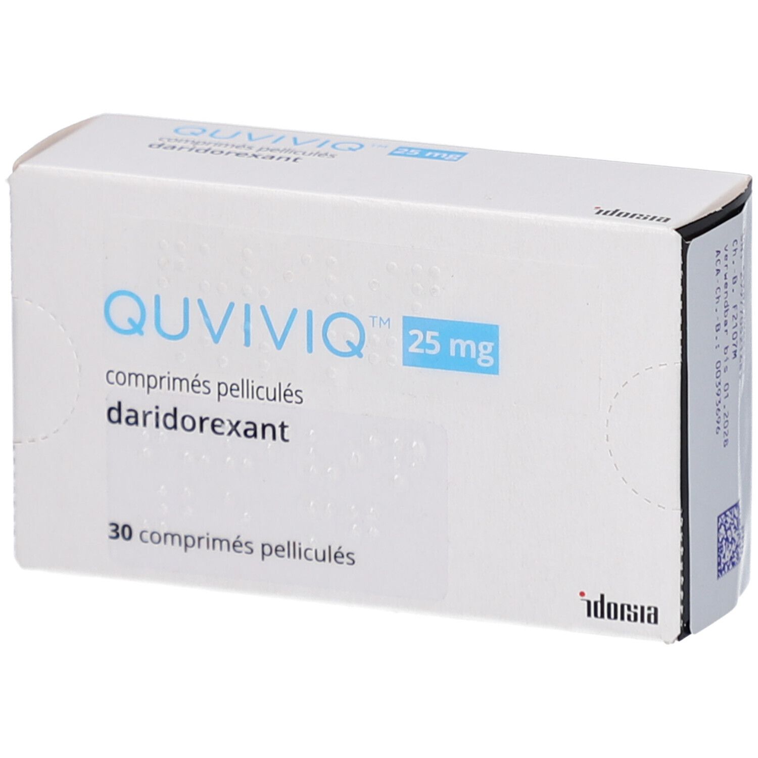 Schachtel mit QUVIVIQ 25 mg Filmtabletten. Aufschrift: QUVIVIQ, 25 mg, 30 comprimés pelliculés, daridorexant.