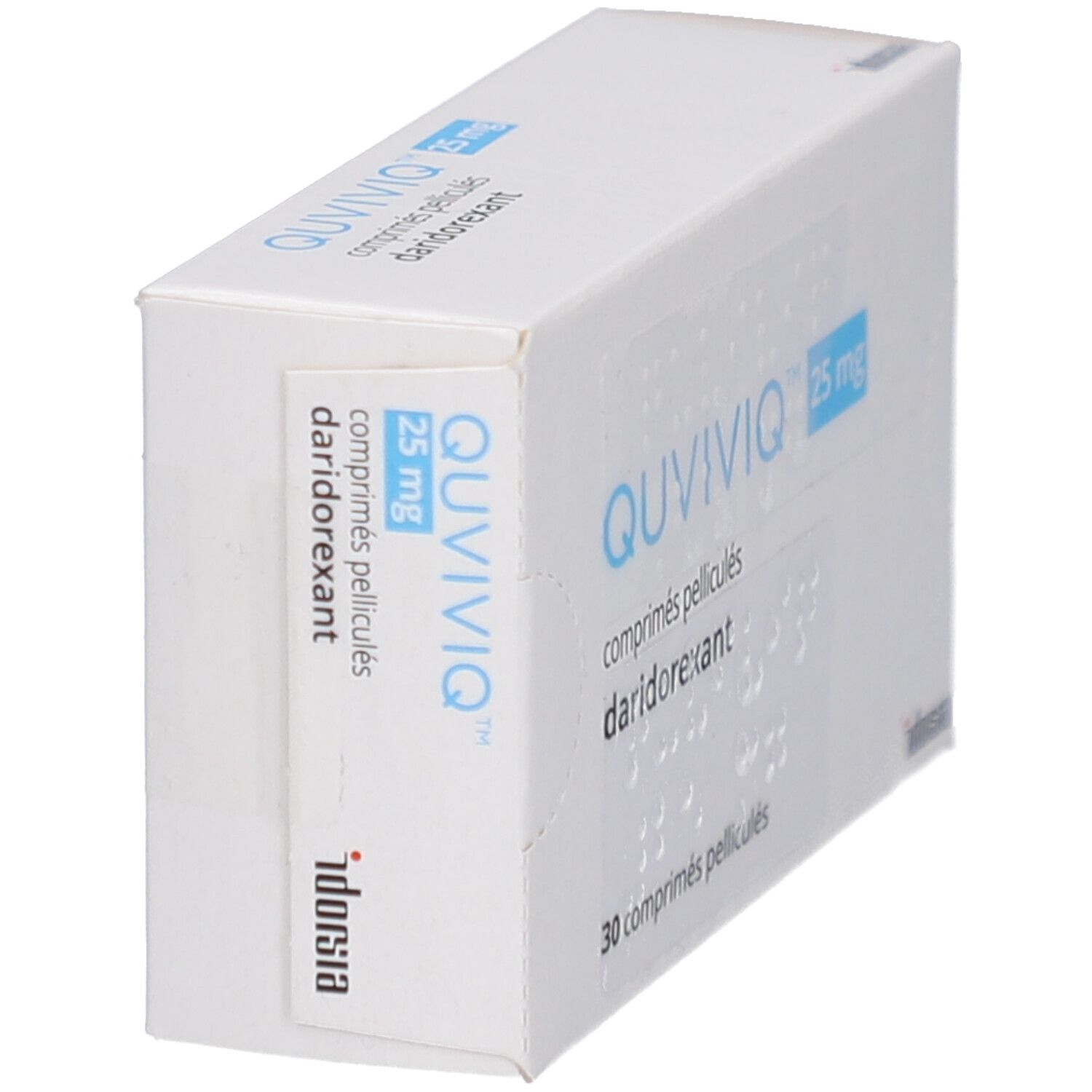 Schachtel mit QUVIVIQ 25 mg Filmtabletten. Aufschrift: QUVIVIQ, 25 mg, 30 comprimés pelliculés, daridorexant. idorsia-Logo.