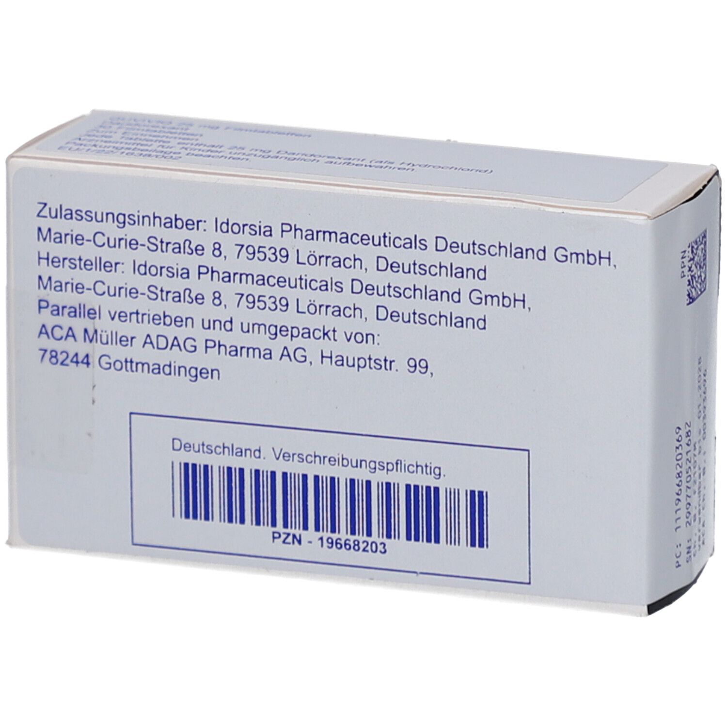 Rückseite der Schachtel mit QUVIVIQ 25 mg Filmtabletten. Text: Hersteller, Zulassungsinhaber, Barcode, PZN-19668203.