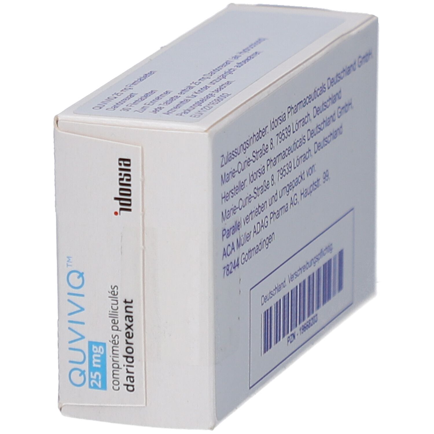 Schachtel mit QUVIVIQ 25 mg Filmtabletten. Aufschrift: QUVIVIQ, 25 mg, 30 comprimés pelliculés, daridorexant. idorsia-Logo.