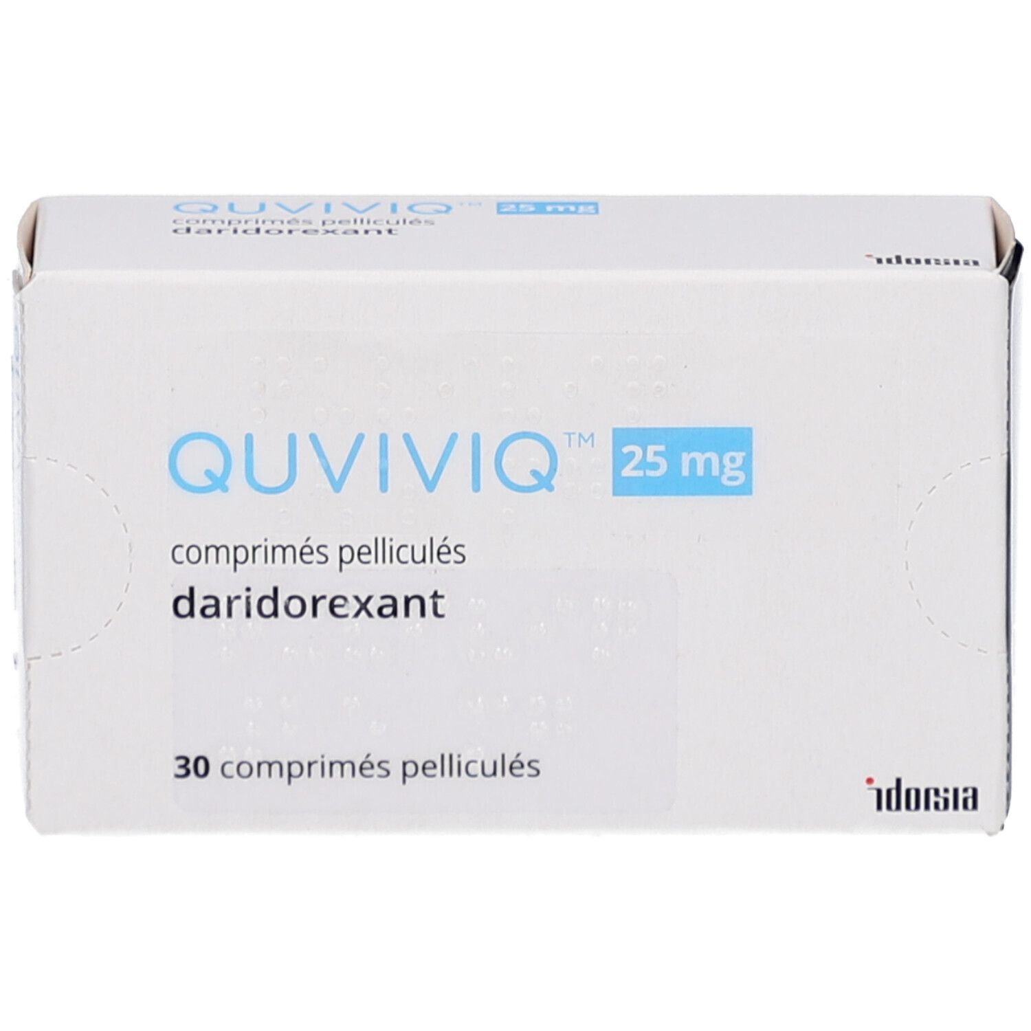 Schachtel mit QUVIVIQ 25 mg Filmtabletten. Aufschrift: QUVIVIQ, 25 mg, 30 comprimés pelliculés, daridorexant. idorsia-Logo.