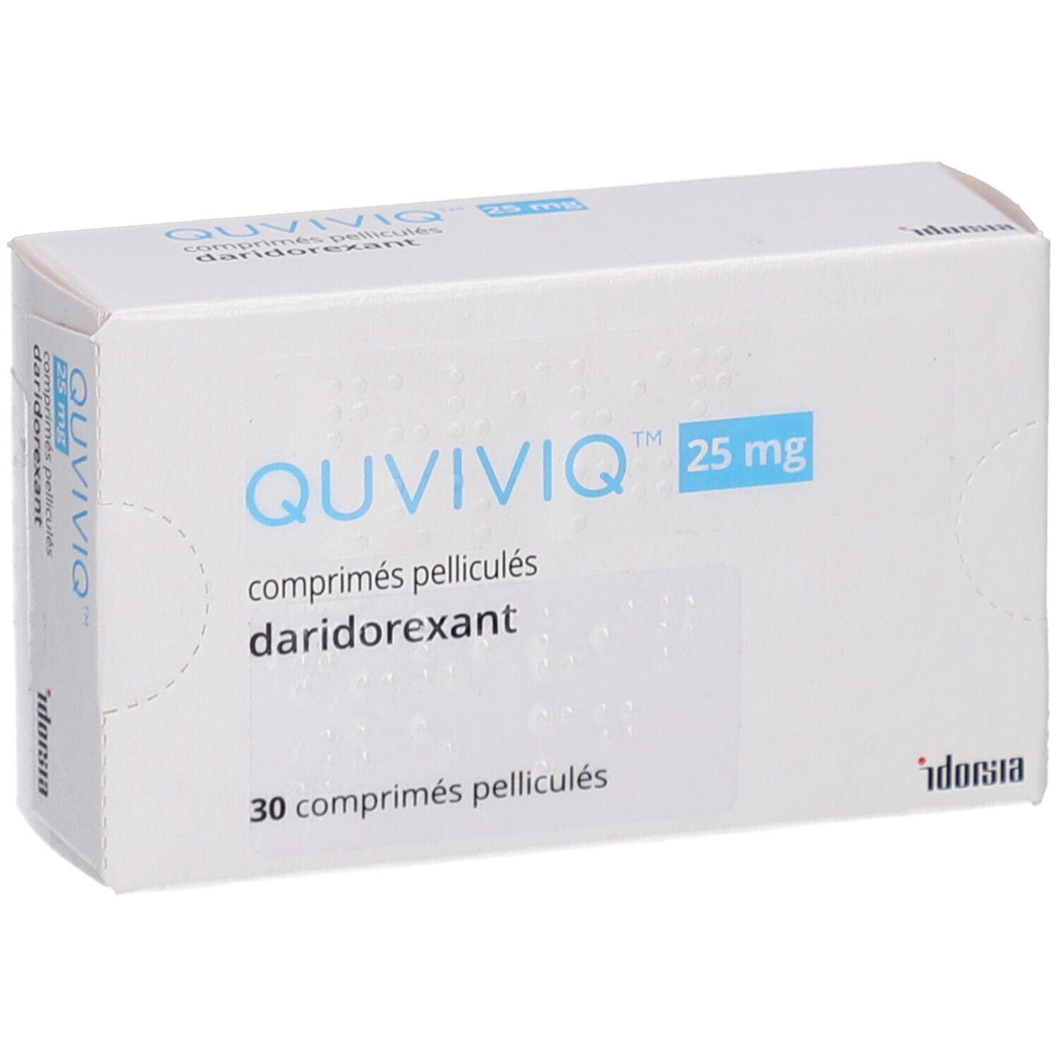 Schachtel mit QUVIVIQ 25 mg Filmtabletten. Aufschrift: QUVIVIQ, 25 mg, 30 comprimés pelliculés, daridorexant. idorsia-Logo.