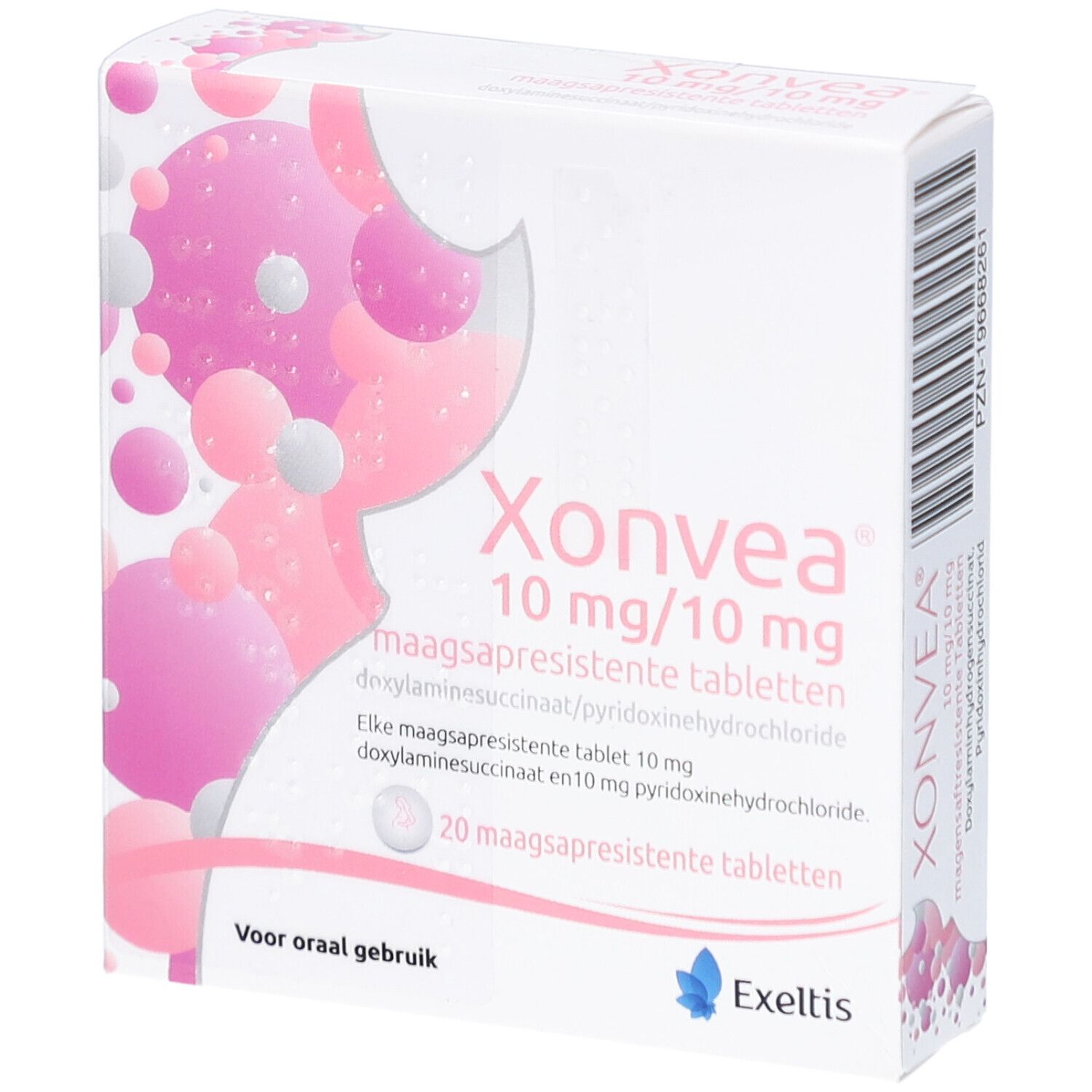 Weiße Schachtel mit rosa Design und Produktnamen Xonvea. Enthält 20 magensaftresistente Tabletten. Exeltis Logo.