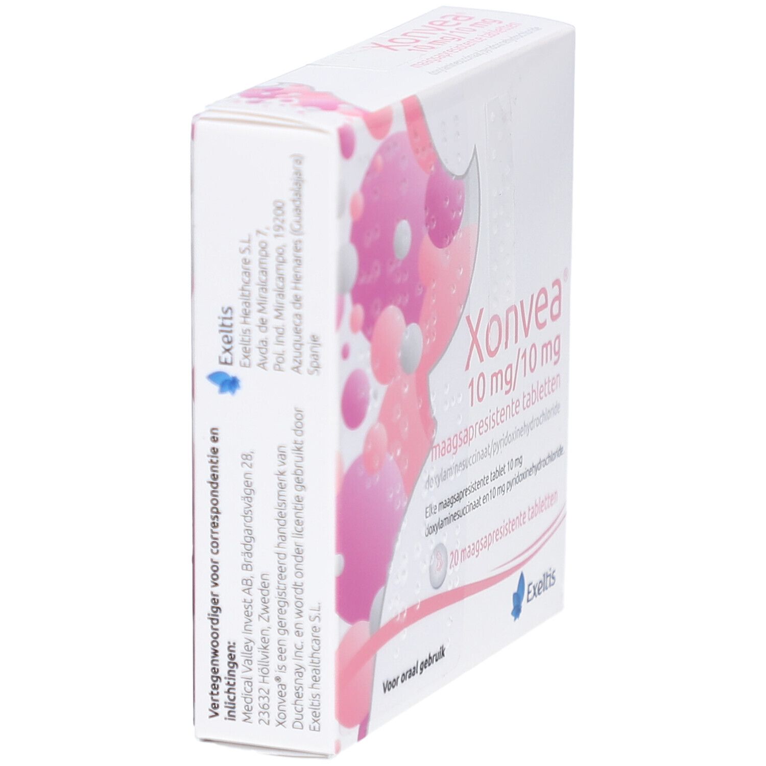 Weiße Schachtel, Seitenansicht. Produktname Xonvea, Exeltis Logo. Text auf Niederländisch. Barcode und Herstellerinformationen.