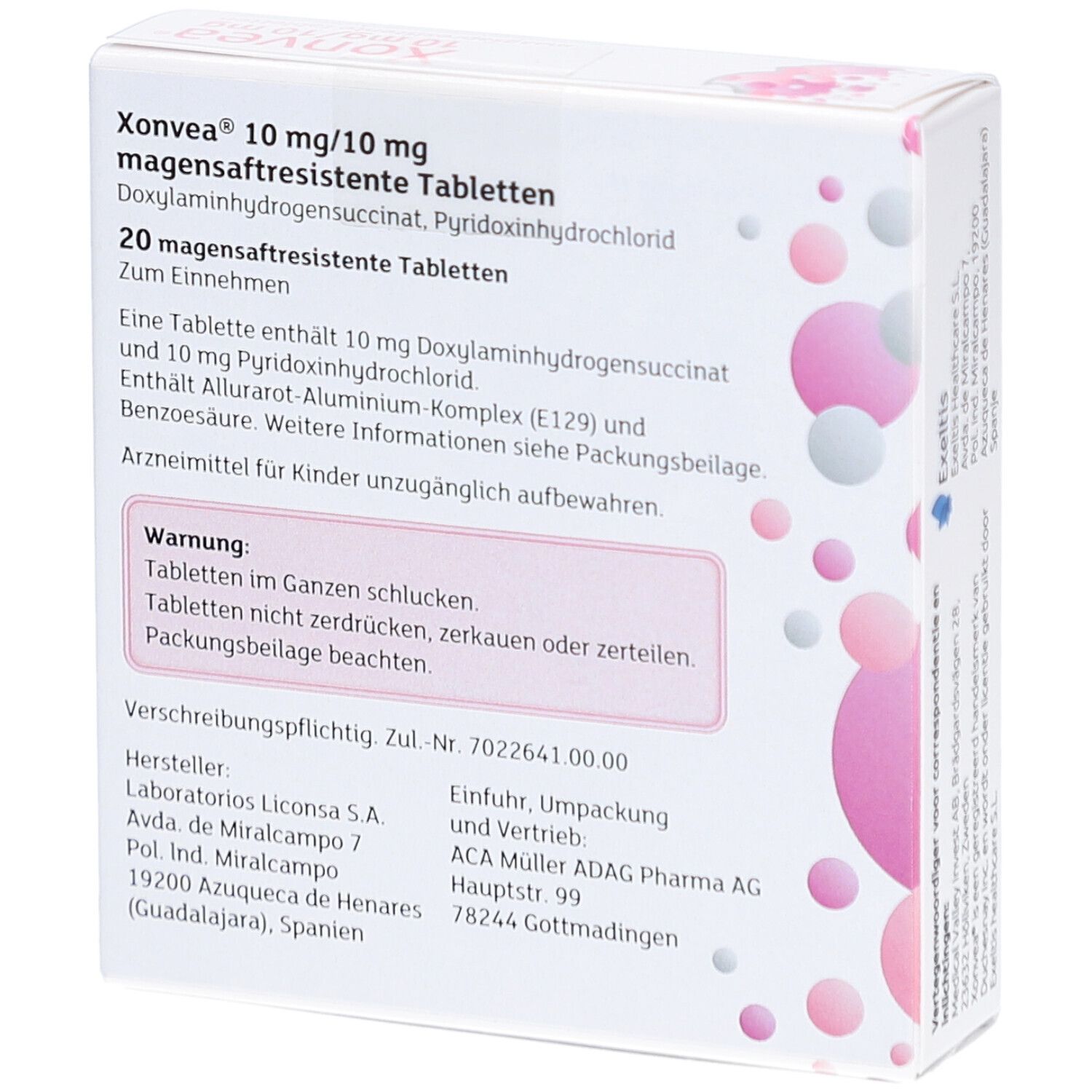 Rückseite der weißen Schachtel. Produktname Xonvea. Text in Deutsch. Enthält Informationen zu Inhaltsstoffen und Warnhinweisen.