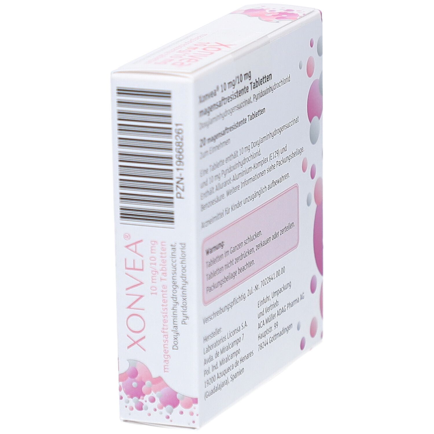 Schachtel, schräg von der Seite. Produktname Xonvea. Text in Deutsch. Barcode und Herstellerinformationen.