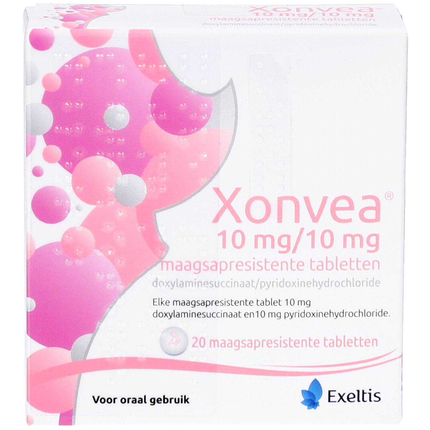 Weiße Schachtel mit rosa Design und Produktnamen Xonvea. Enthält 20 magensaftresistente Tabletten. Exeltis Logo.