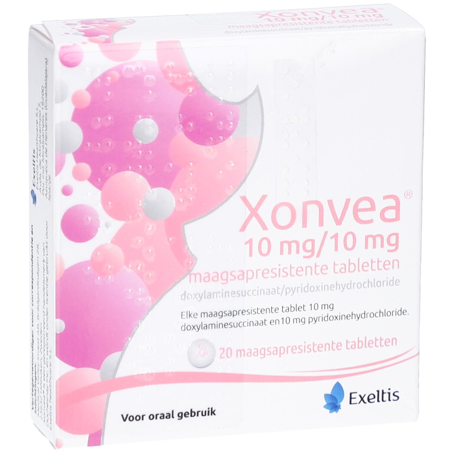 Weiße Schachtel mit rosa Design und Produktnamen Xonvea. Enthält 20 magensaftresistente Tabletten. Exeltis Logo.
