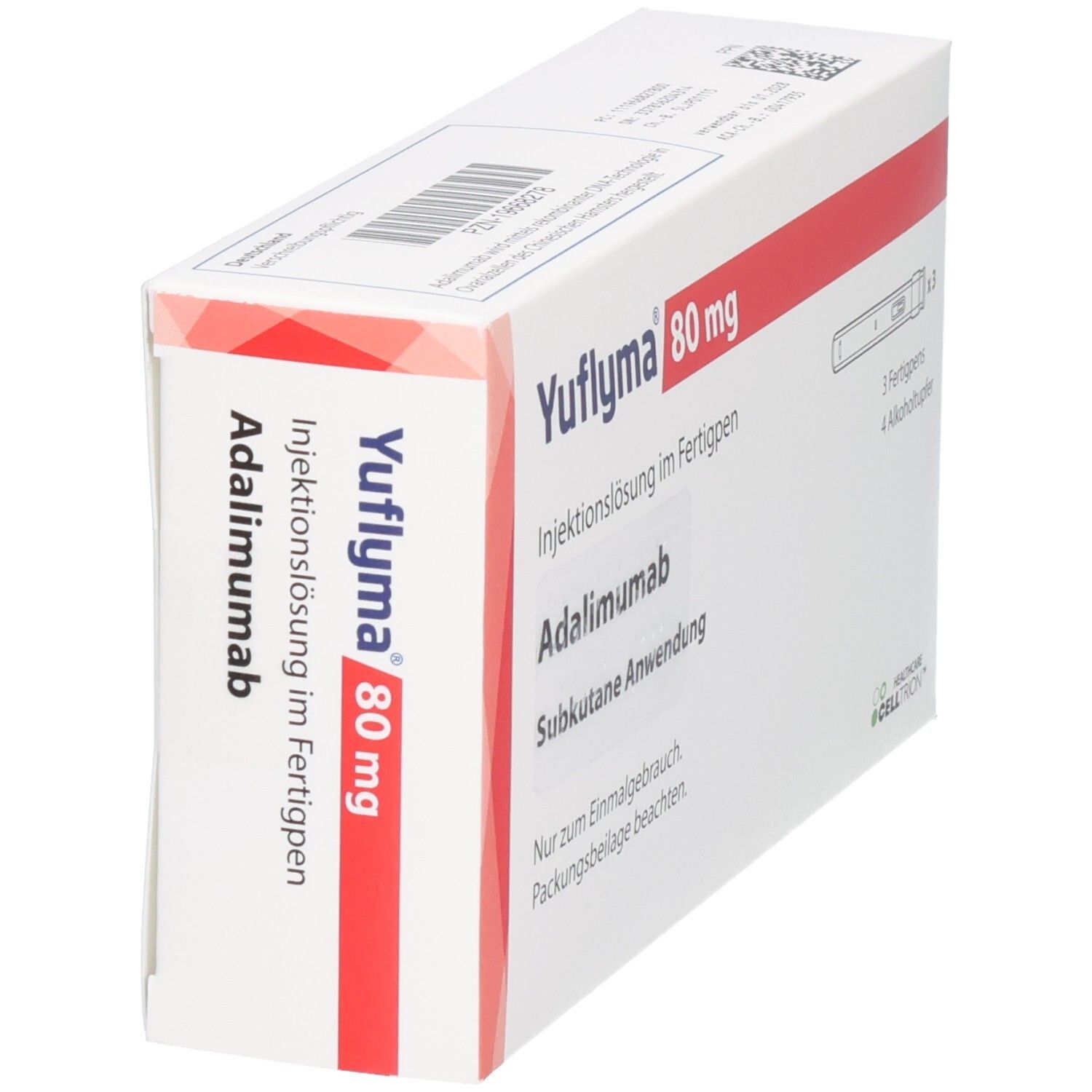 YUFLYMA 80 mg Fertigpen-Packung, Seitenansicht. Enthält Adalimumab zur subkutanen Anwendung.