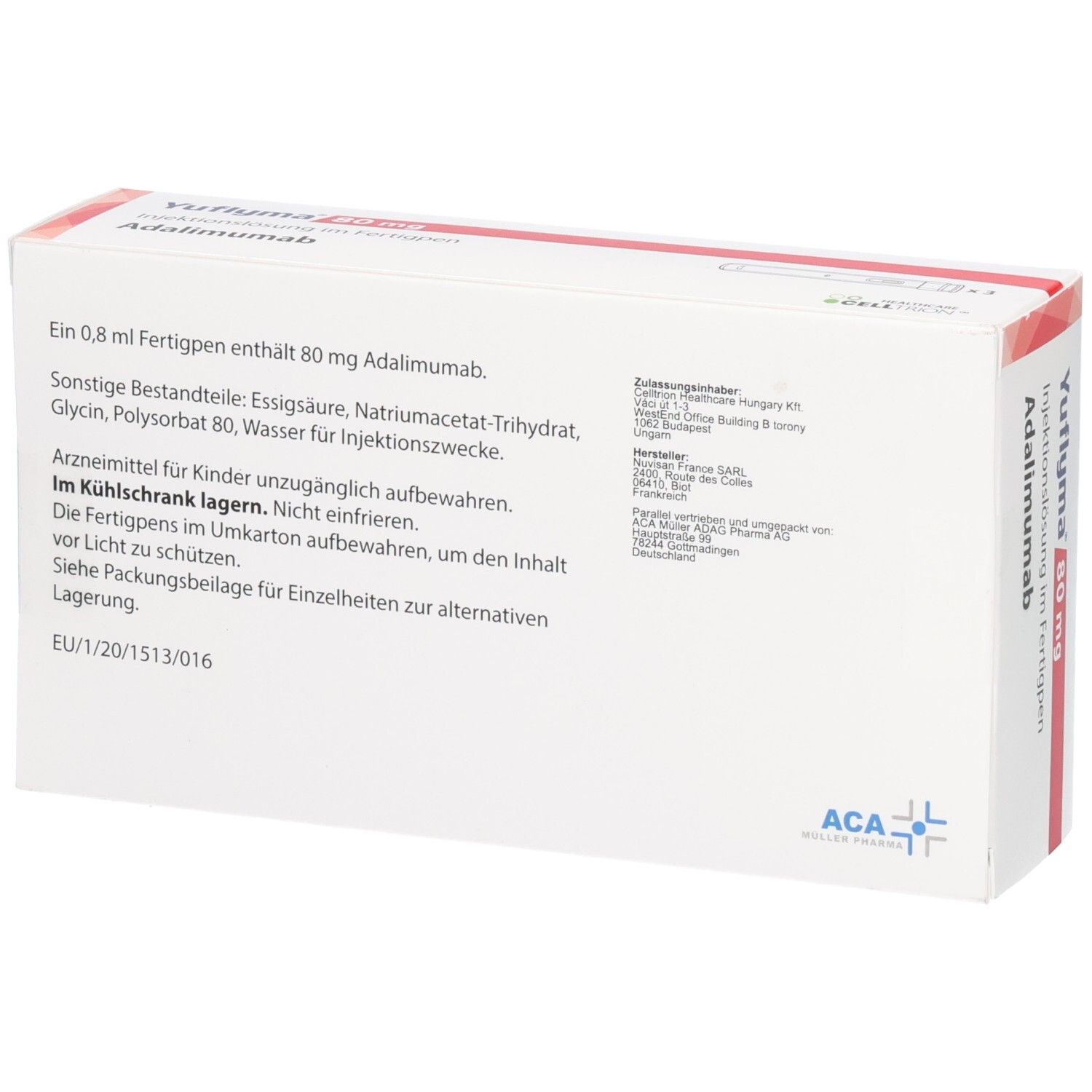 Rückseite der YUFLYMA 80 mg Fertigpen-Packung. Enthält Adalimumab, Anwendungshinweise und Herstellerinformationen.