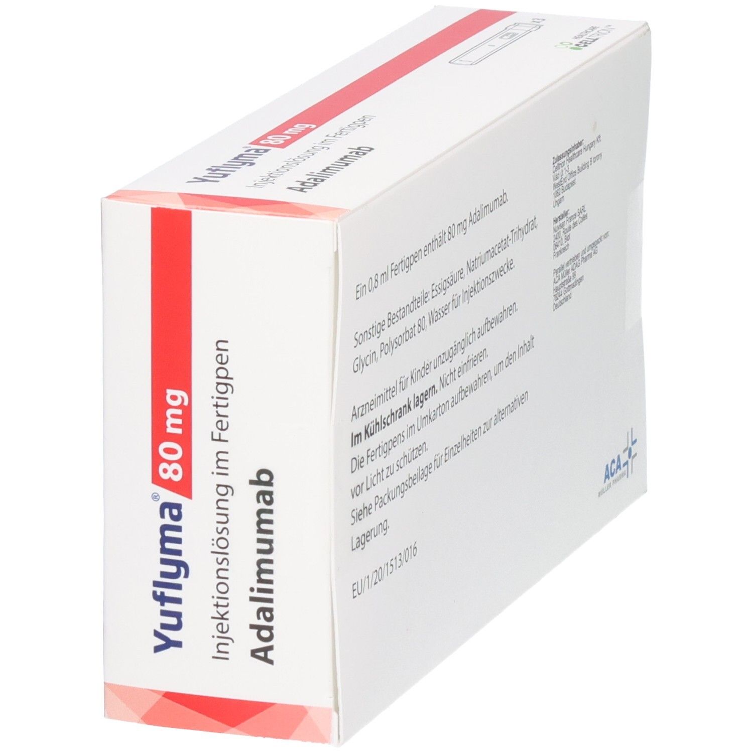 Schräge Ansicht der YUFLYMA 80 mg Fertigpen-Packung. Adalimumab zur subkutanen Anwendung.